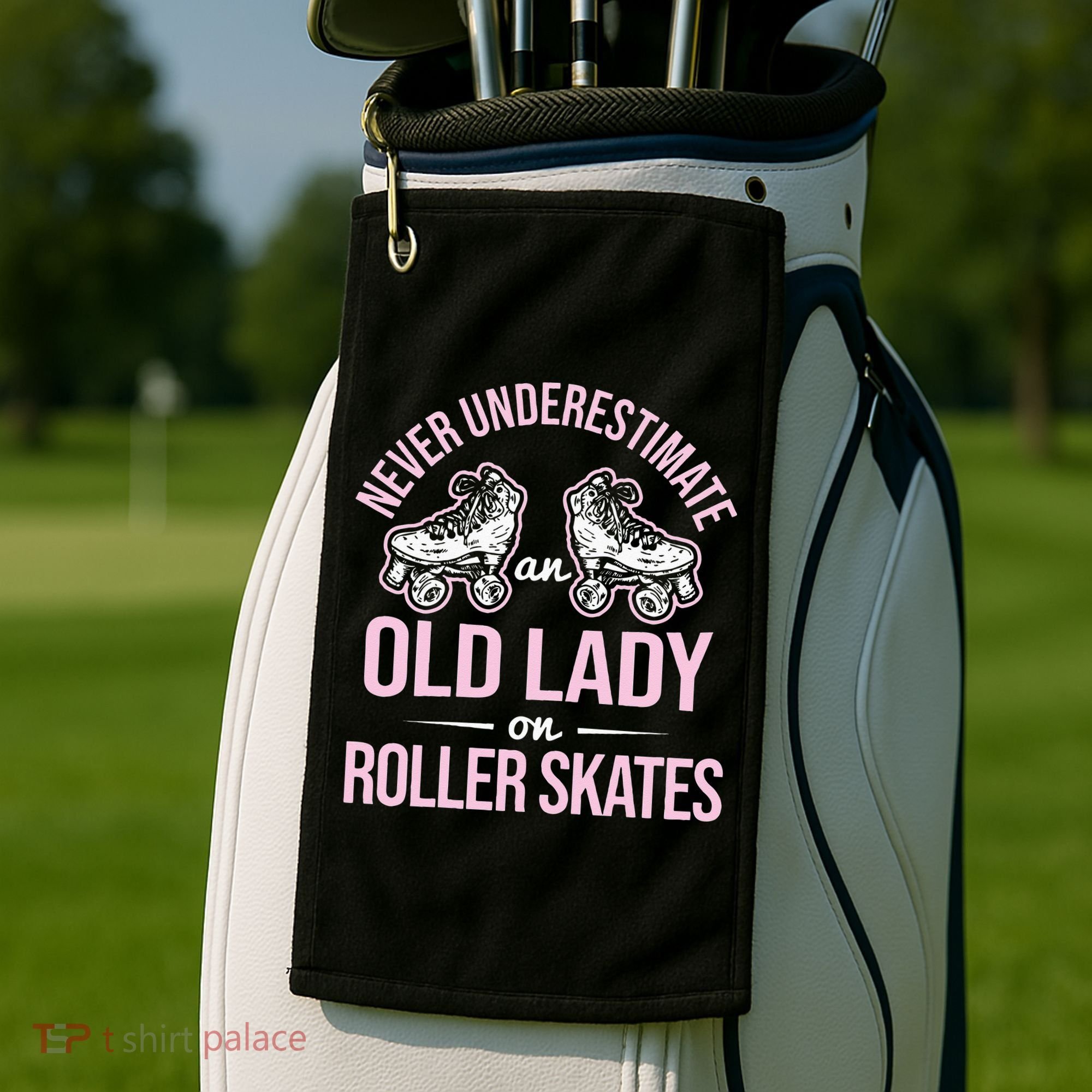Old Lady On Roller Derby Roller Skating Roller Skate Golf Towel