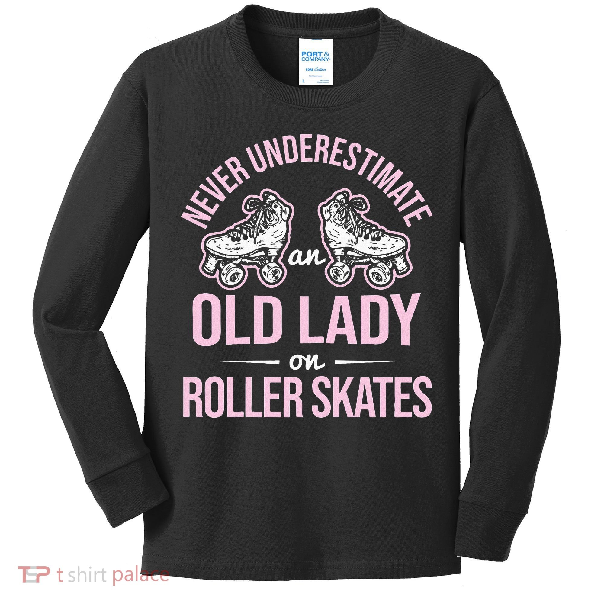 Old Lady On Roller Derby Roller Skating Roller Skate Kids Long Sleeve Shirt