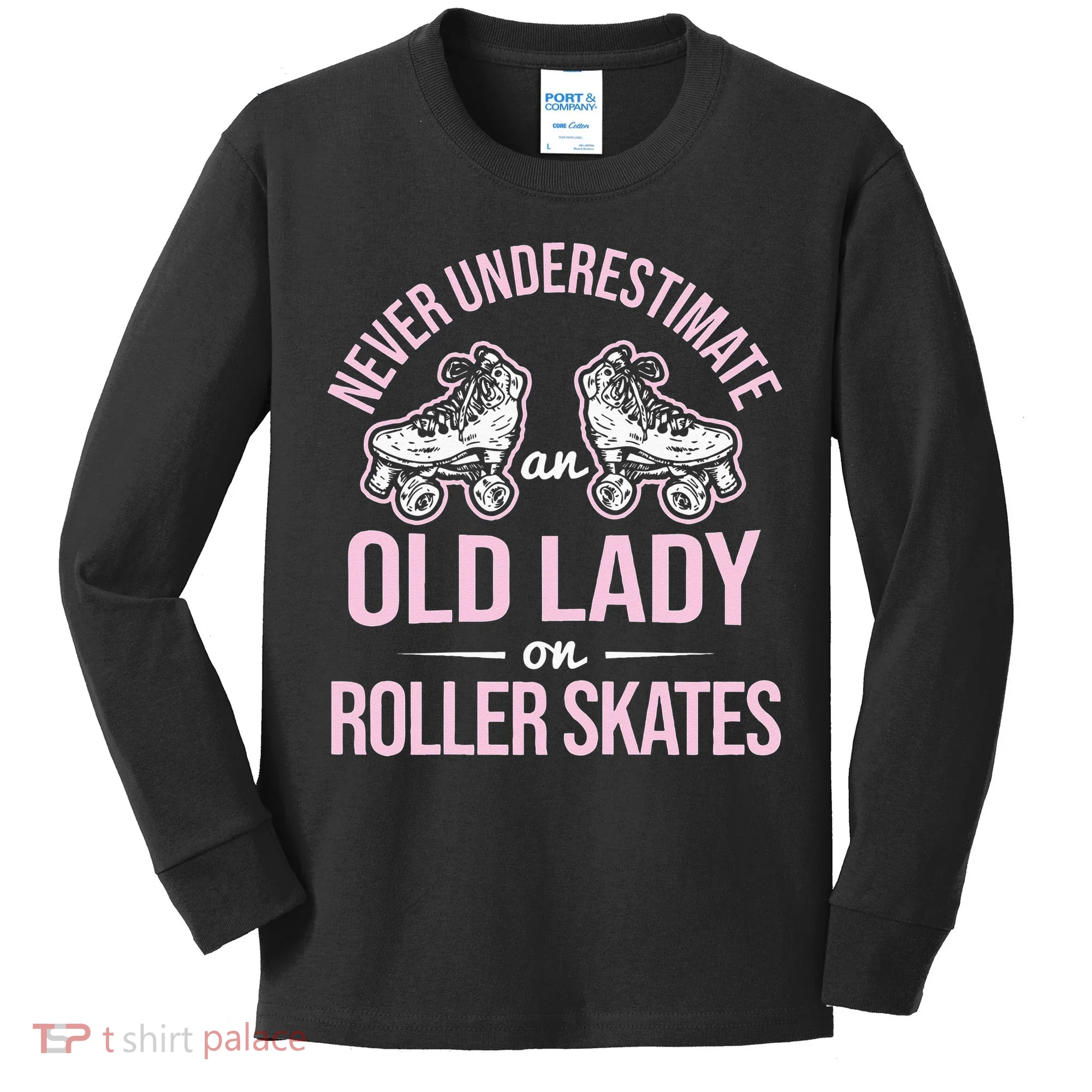 Old Lady On Roller Derby Roller Skating Roller Skate Kids Long Sleeve Shirt