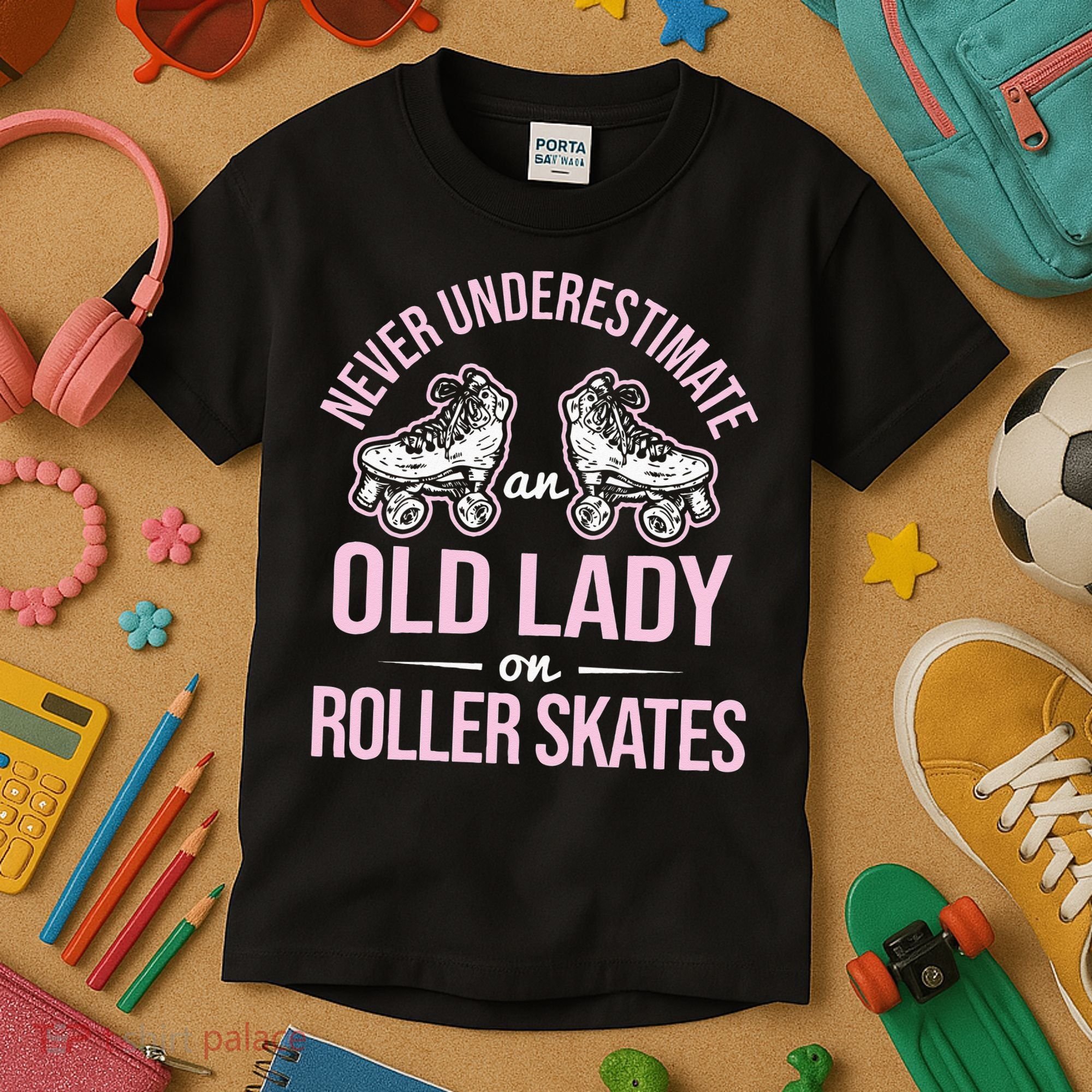 Old Lady On Roller Derby Roller Skating Roller Skate Kids T-Shirt