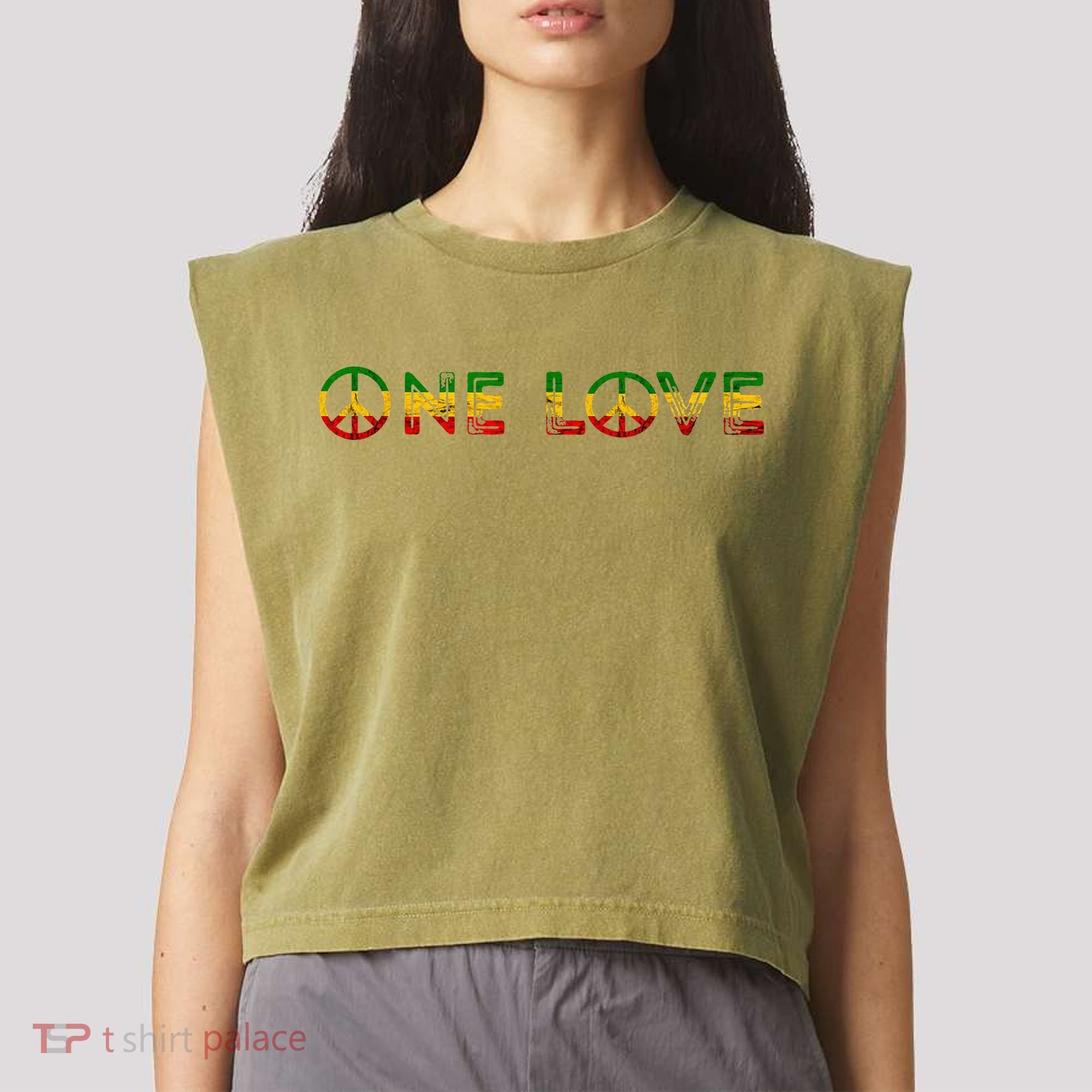 One Love Rasta Reggae Music Rastafarian Lover Jamaica Peace Garment-Dyed Women's Muscle Tee