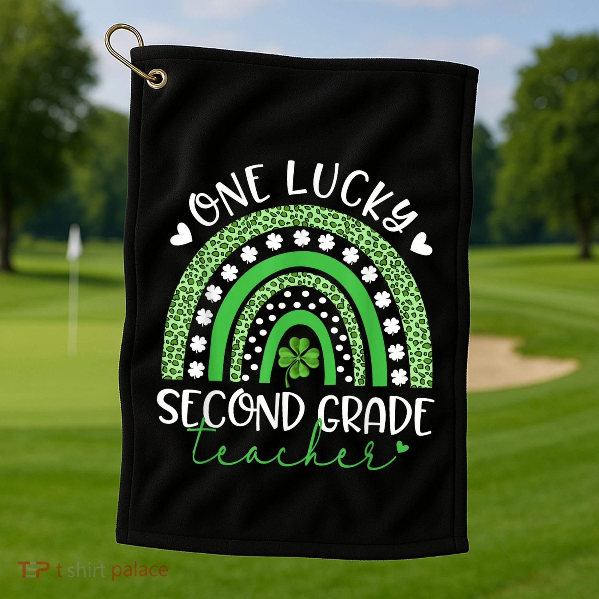 One Lucky Second Grade Teacher St Patricks Day Funny Rainbow Golf Towel