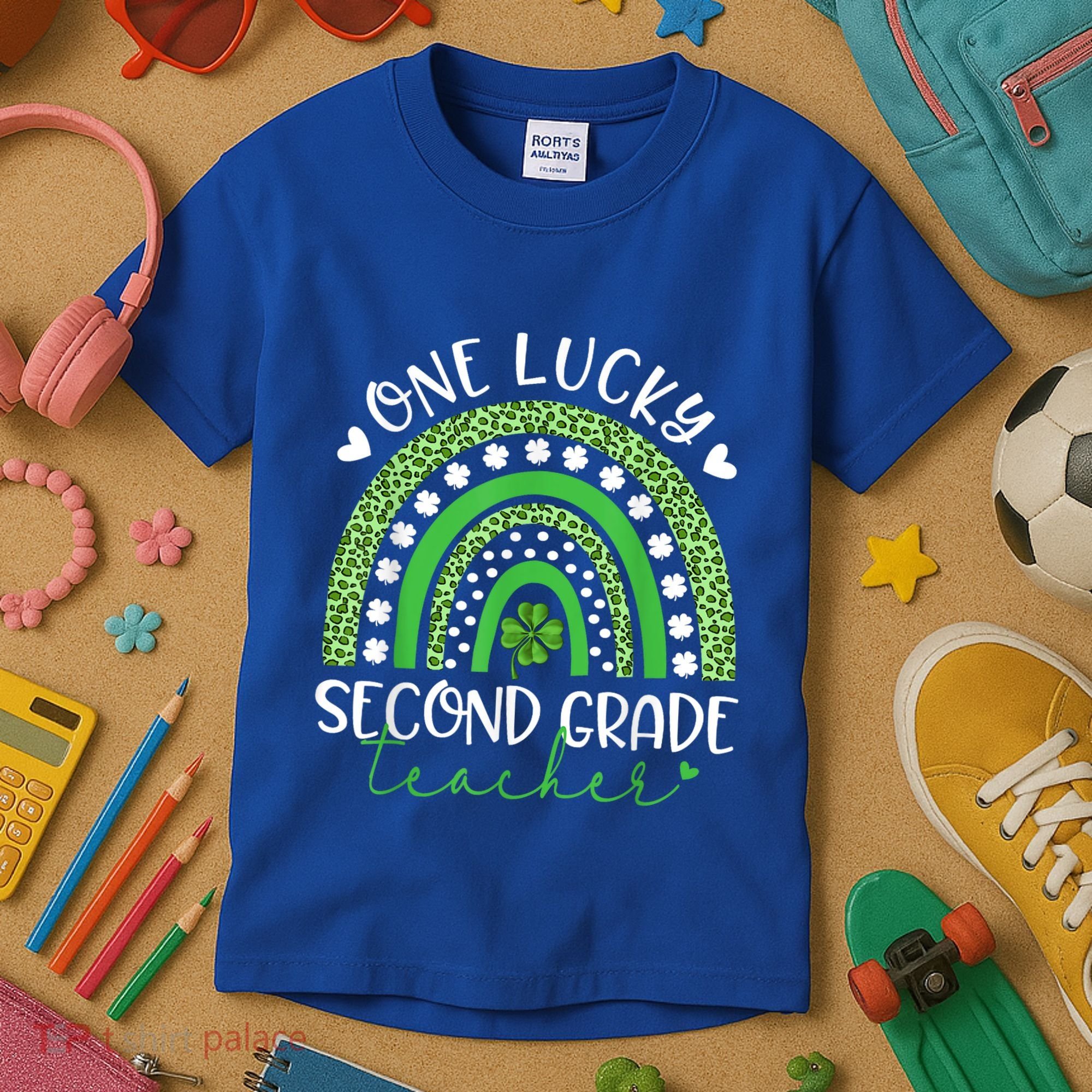 One Lucky Second Grade Teacher St Patricks Day Funny Rainbow Kids T-Shirt