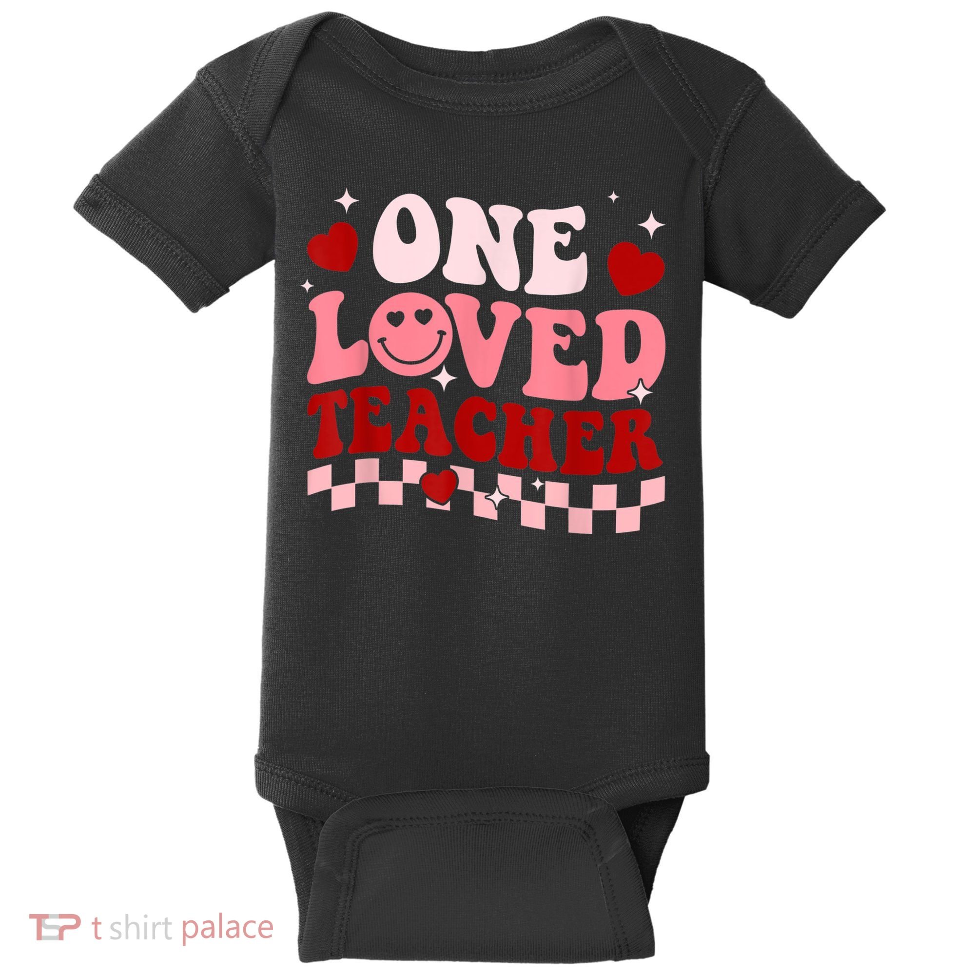 One Loved Teacher Groovy Retro Happy Valentines Day Boy Girl Baby Bodysuit