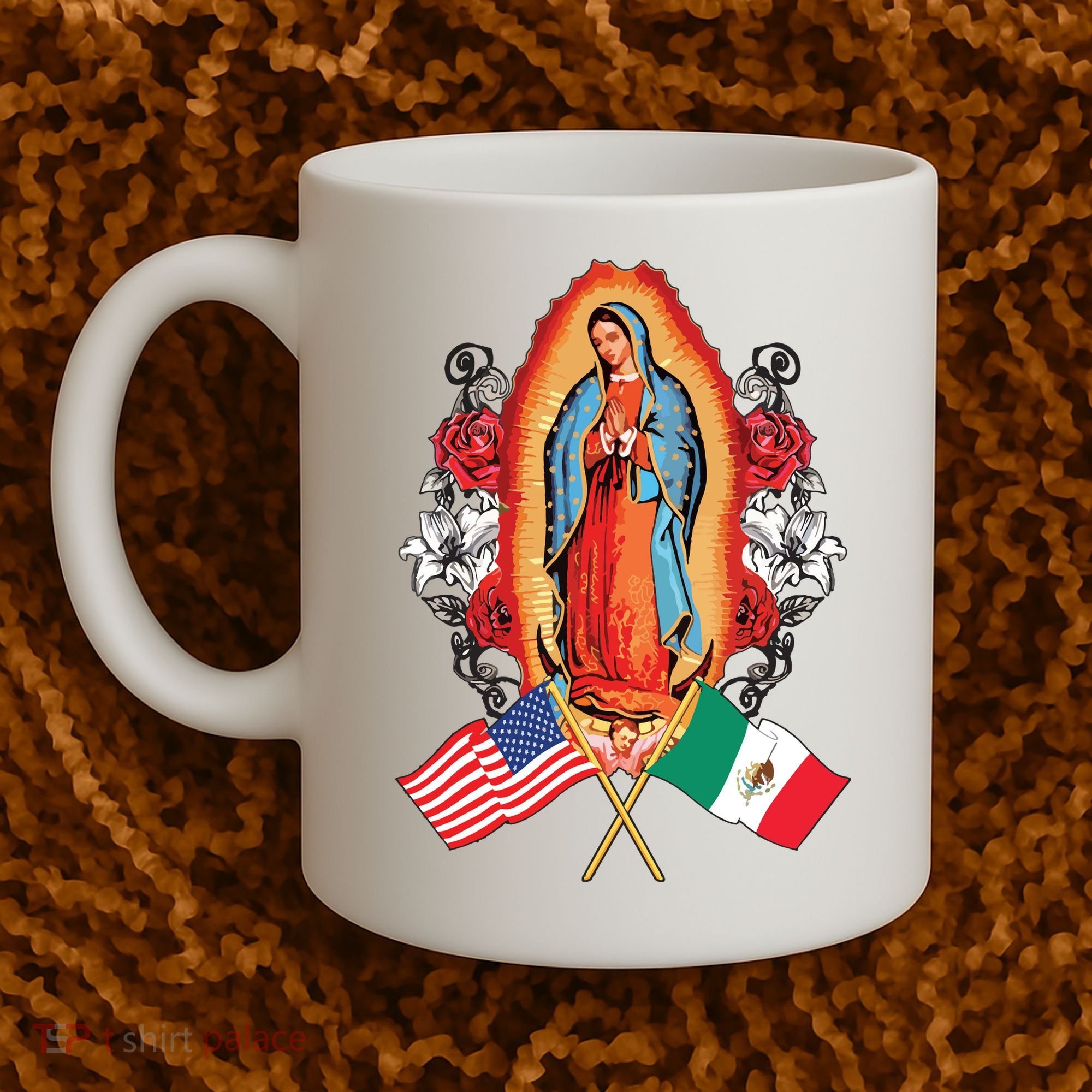 Our Lady Virgen De Guadalupe Mexican American Flag Coffee Mug