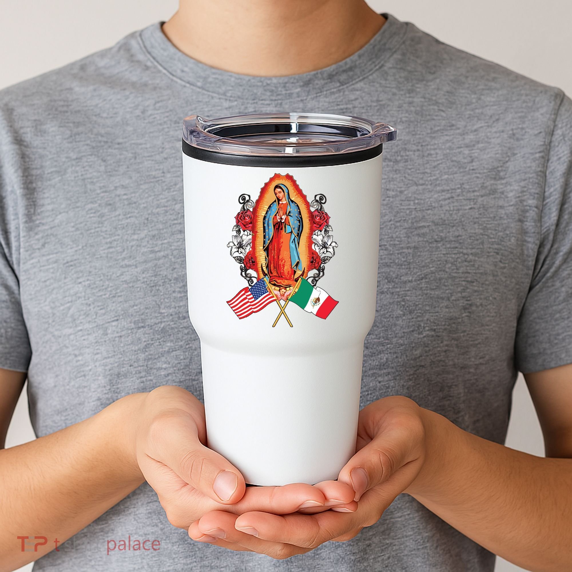 Our Lady Virgen De Guadalupe Mexican American Flag Tumbler