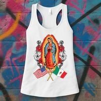 Our Lady Virgen De Guadalupe Mexican American Flag Women's Tank Top thumb 3