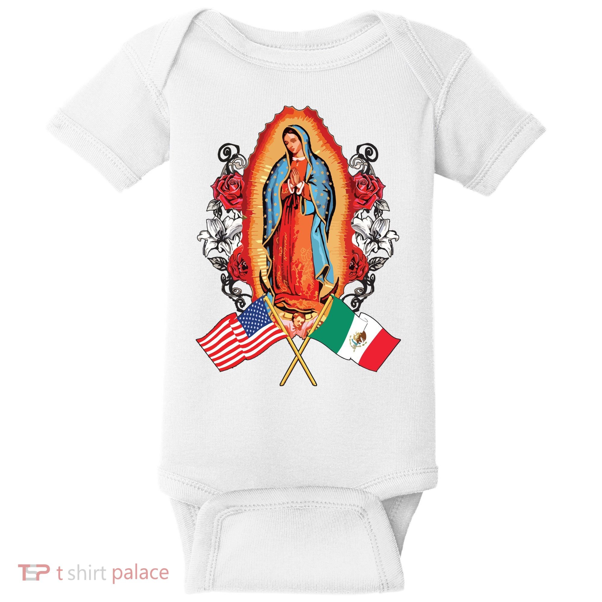 Our Lady Virgen De Guadalupe Mexican American Flag Baby Bodysuit