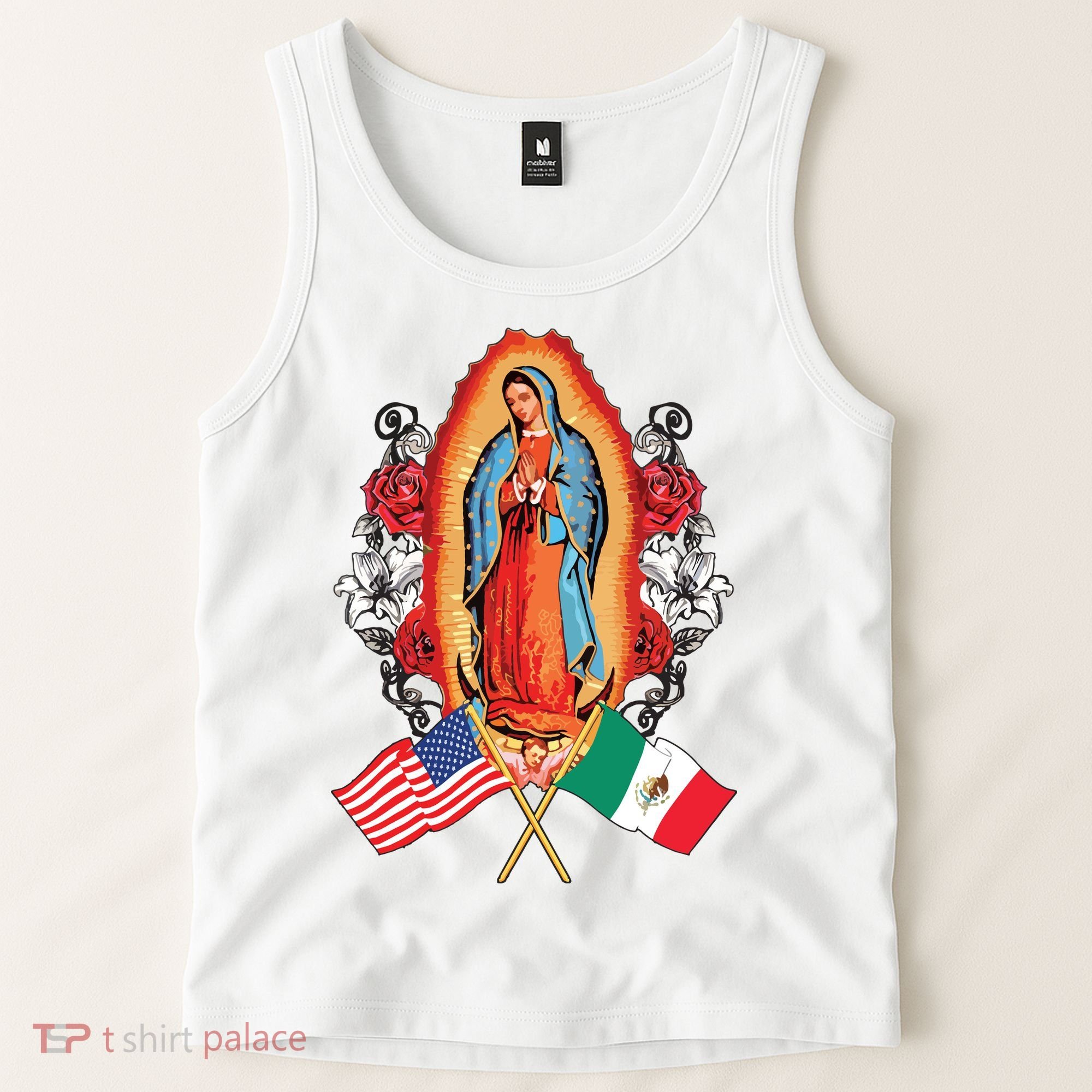 Our Lady Virgen De Guadalupe Mexican American Flag Tank Top