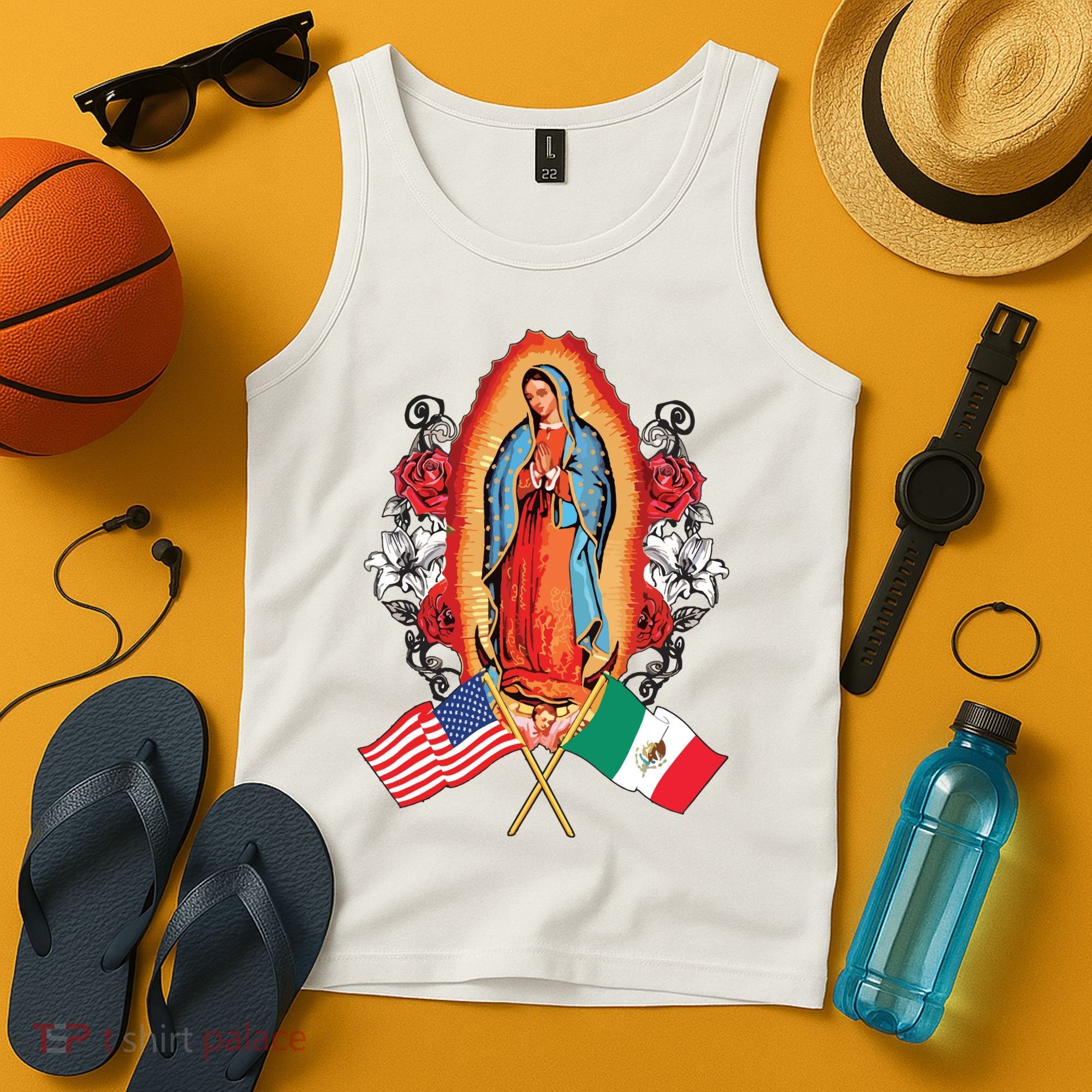 Our Lady Virgen De Guadalupe Mexican American Flag Tank Top