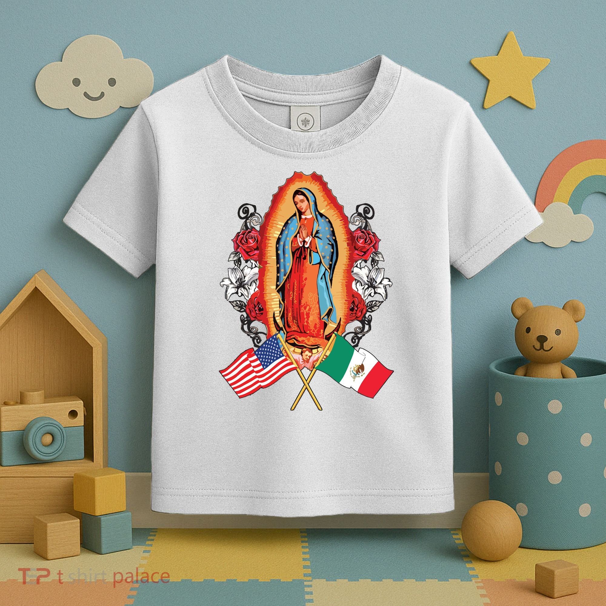 Our Lady Virgen De Guadalupe Mexican American Flag Toddler T-Shirt