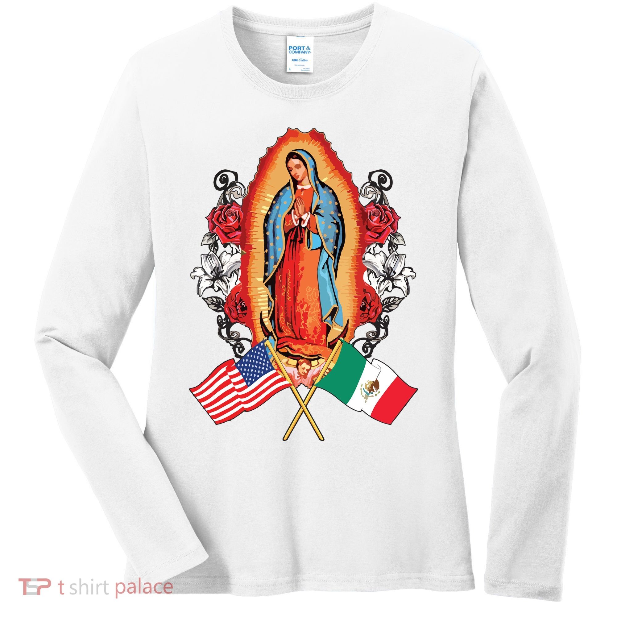 Our Lady Virgen De Guadalupe Mexican American Flag Women's Long Sleeve Shirt