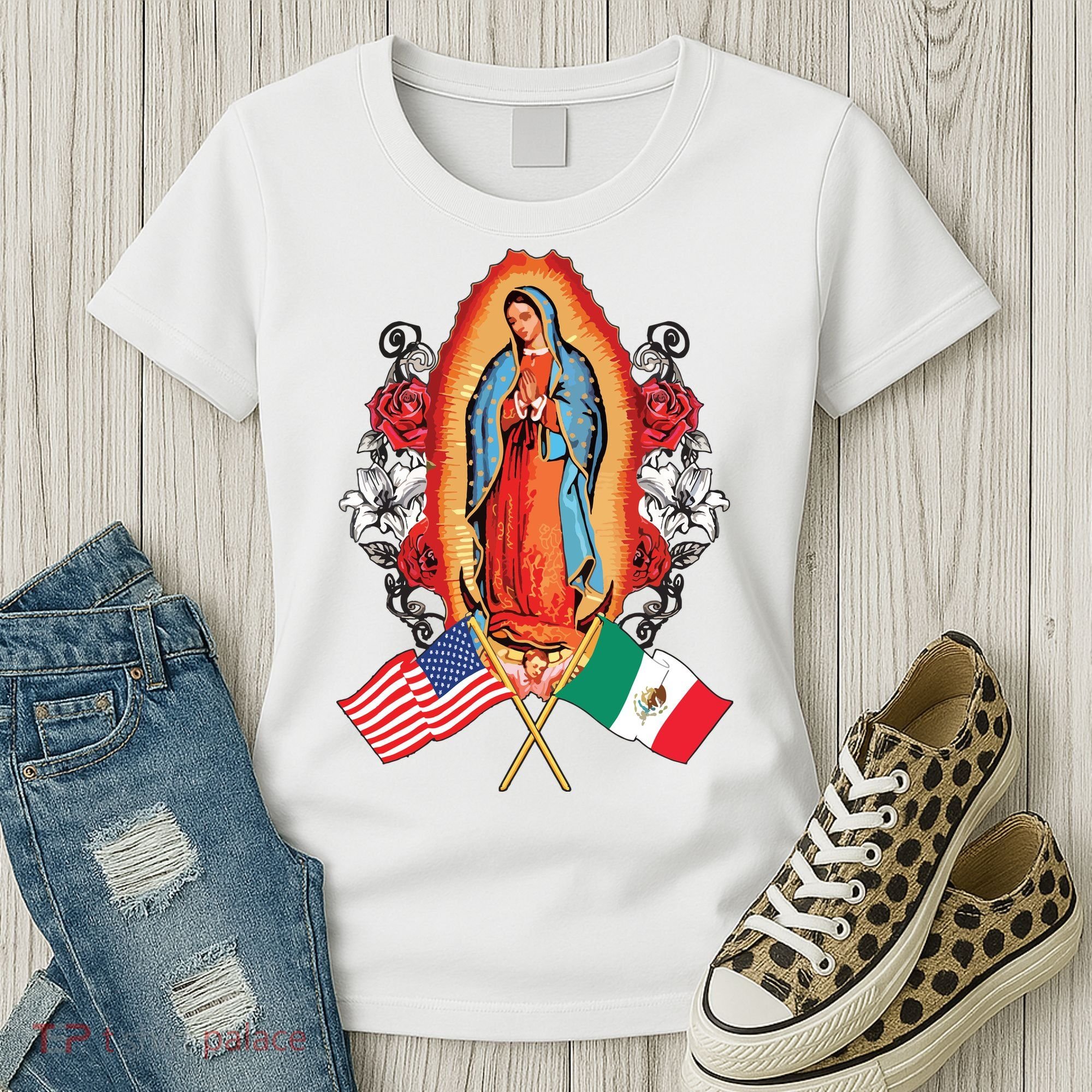 Our Lady Virgen De Guadalupe Mexican American Flag Women's T-Shirt