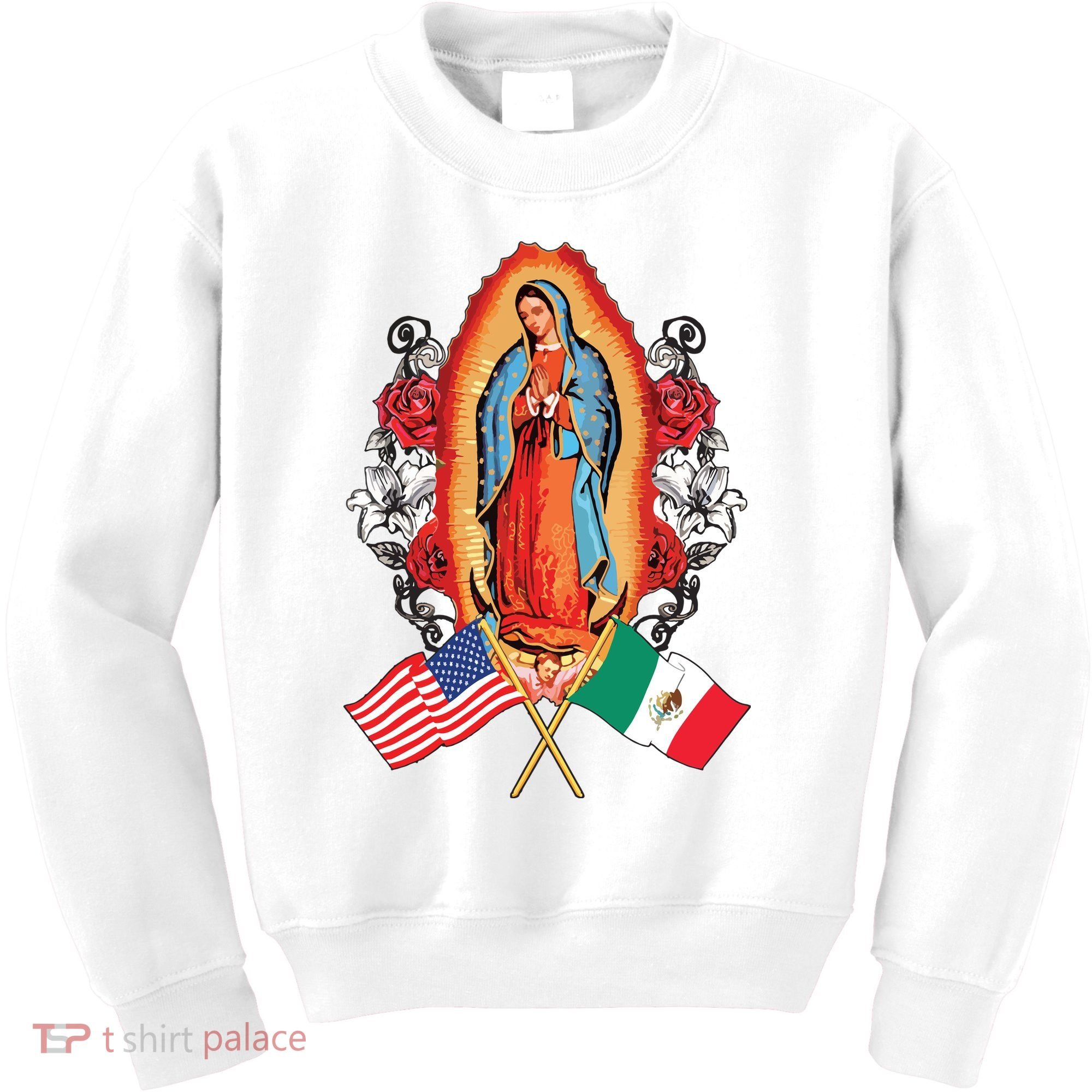 Our Lady Virgen De Guadalupe Mexican American Flag Kids Sweatshirt