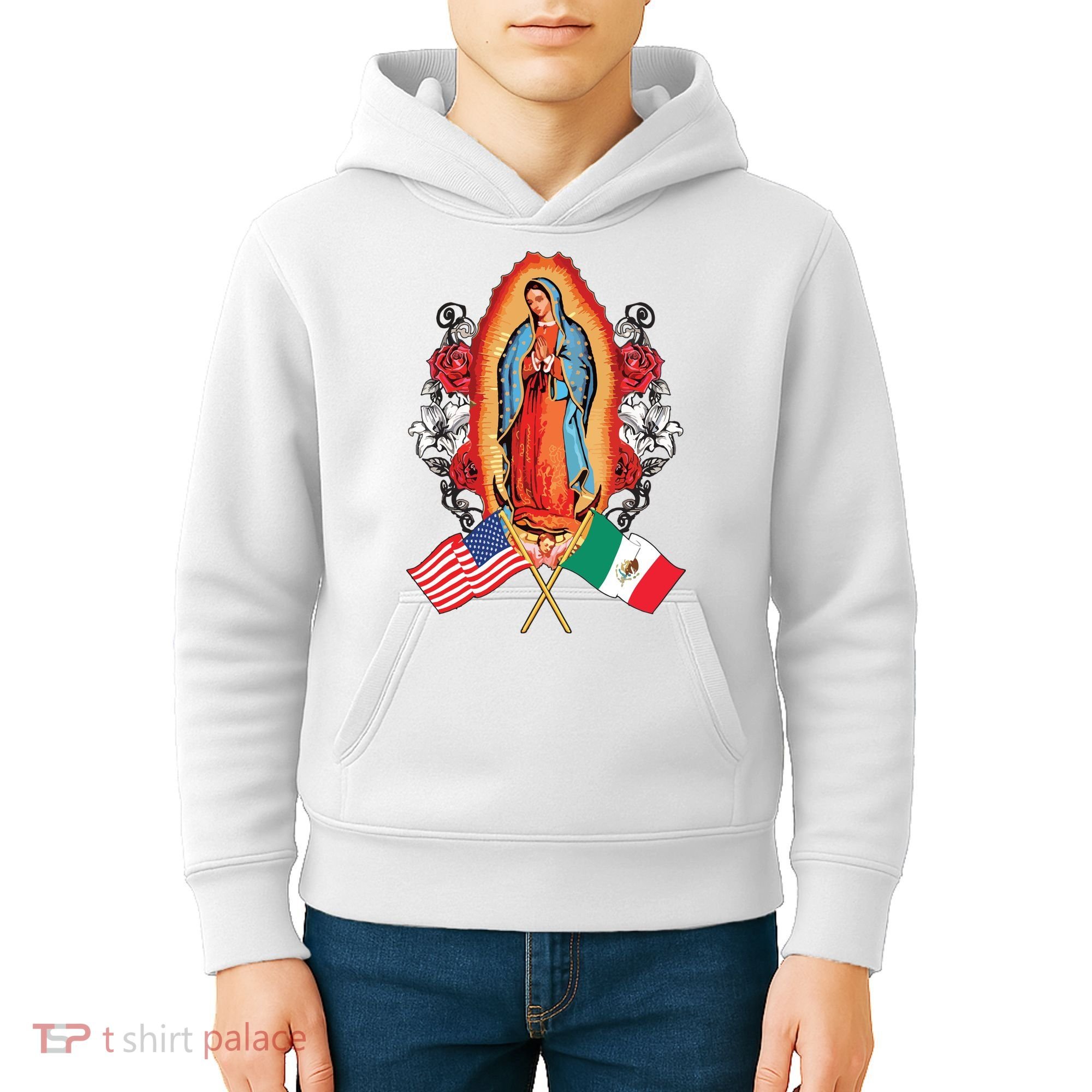 Our Lady Virgen De Guadalupe Mexican American Flag Kids Hoodie