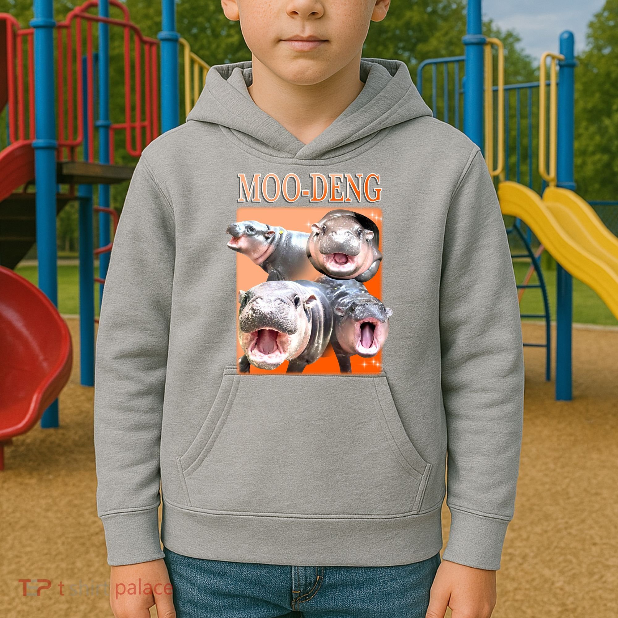 Orange Moo Deng Meme Hippo Kids Hoodie
