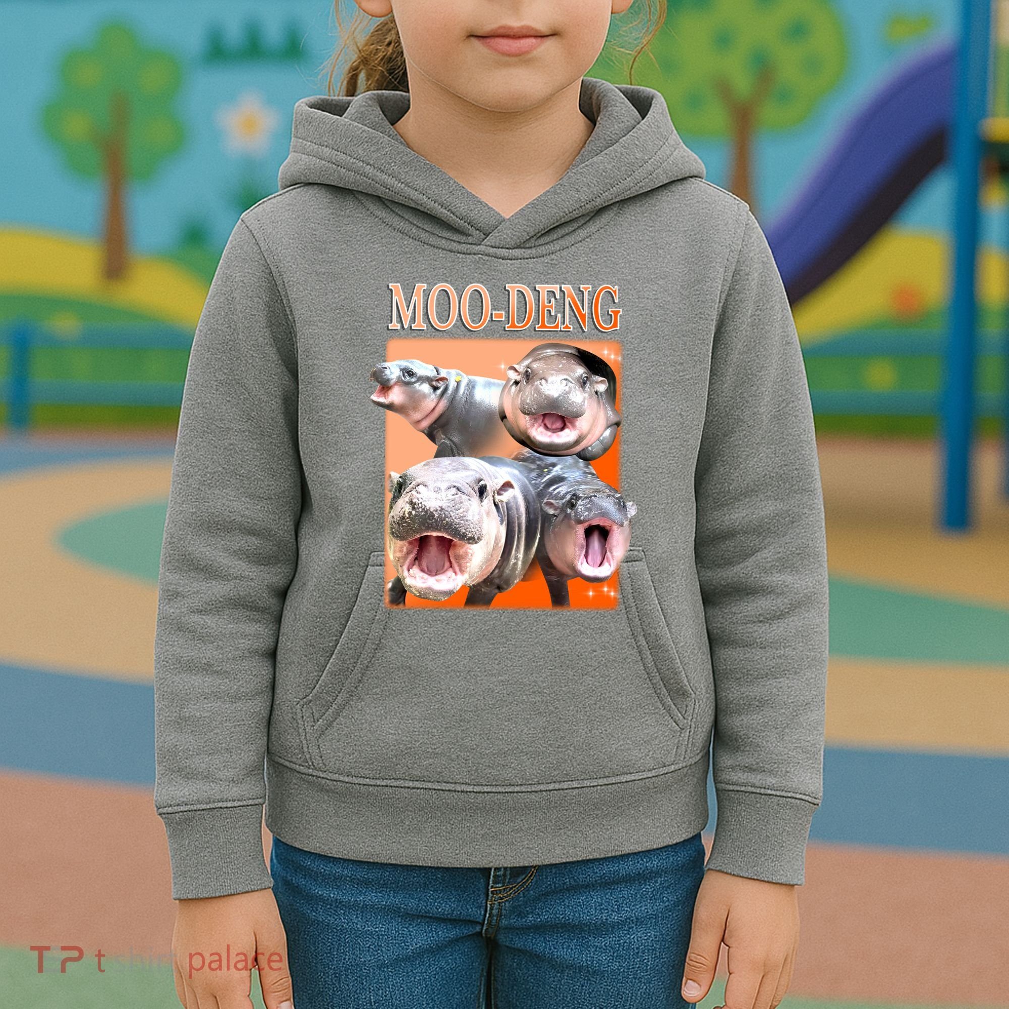Orange Moo Deng Meme Hippo Kids Hoodie