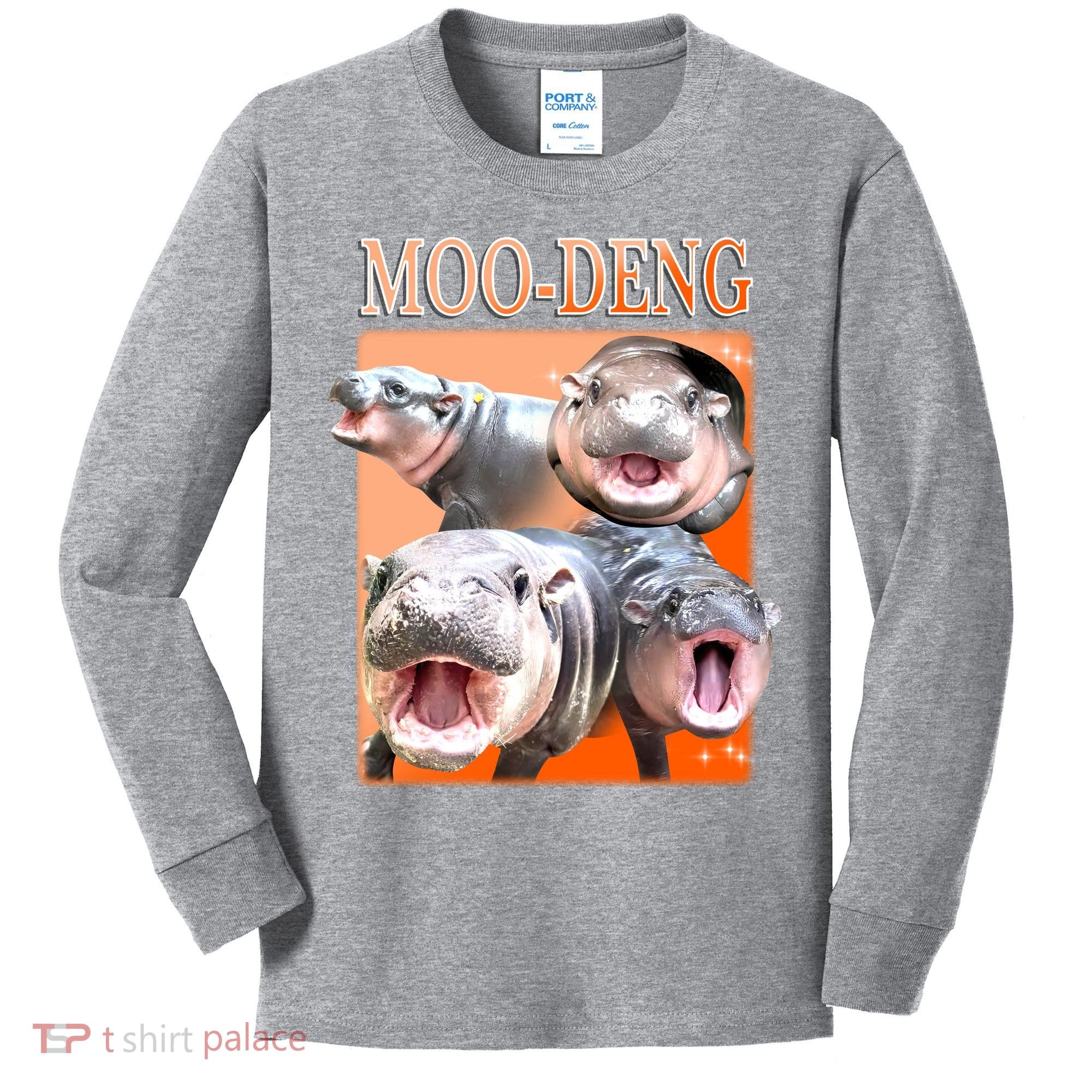Orange Moo Deng Meme Hippo Kids Long Sleeve Shirt