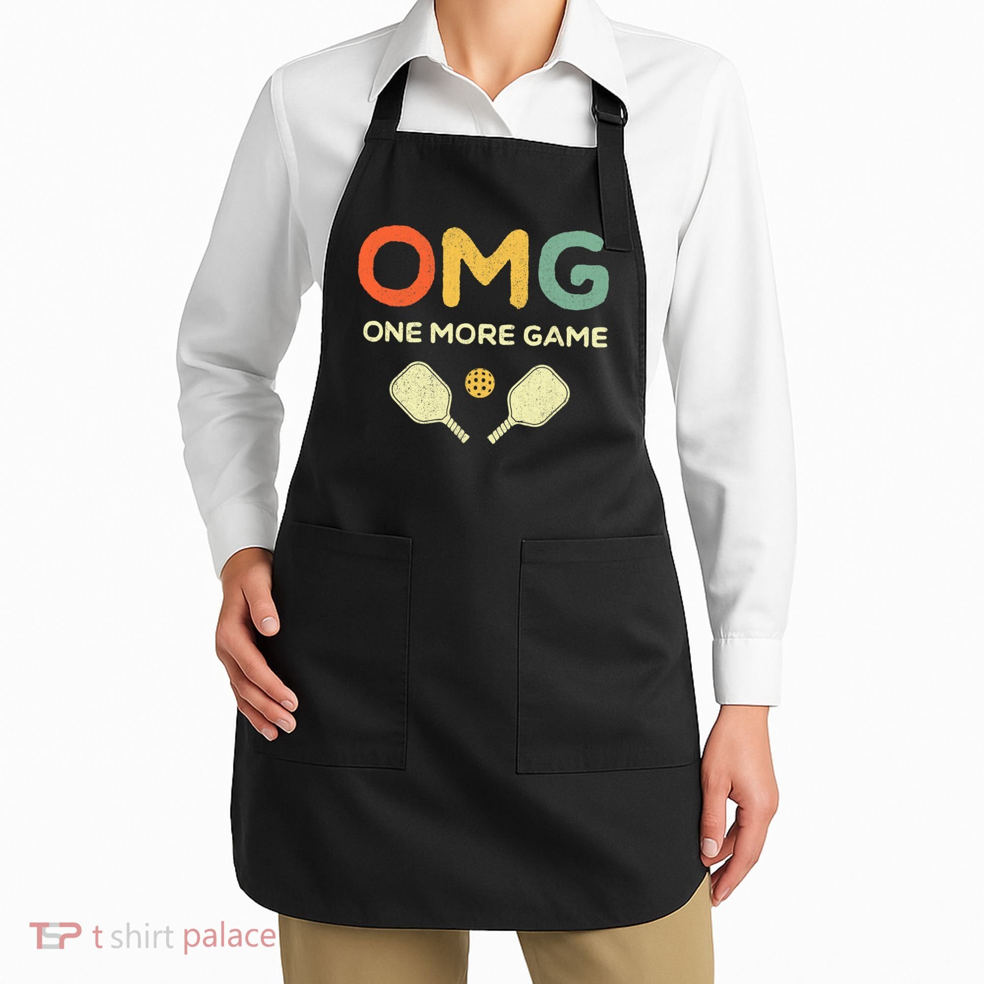 One More Game OMG Retro Funny Pickleball Lover Pickle Ball Apron