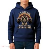 Old Man Gym Respect Your Elders Lifting Clubs Weightlifting Kids Hoodie thumb 4