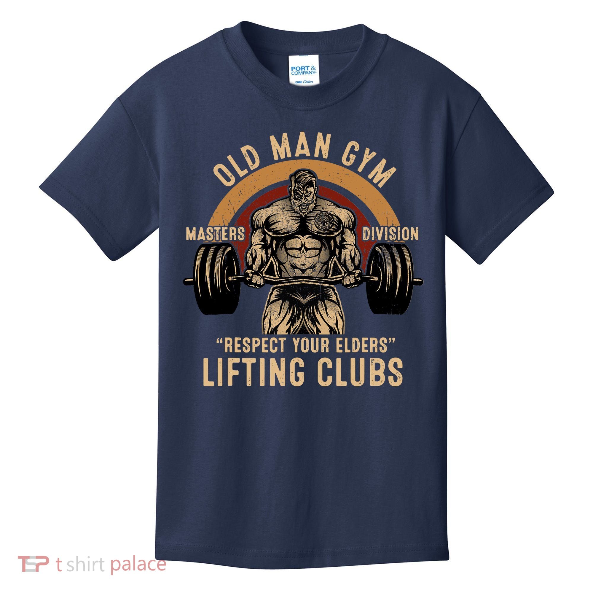 Old Man Gym Respect Your Elders Lifting Clubs Weightlifting Kids T-Shirt