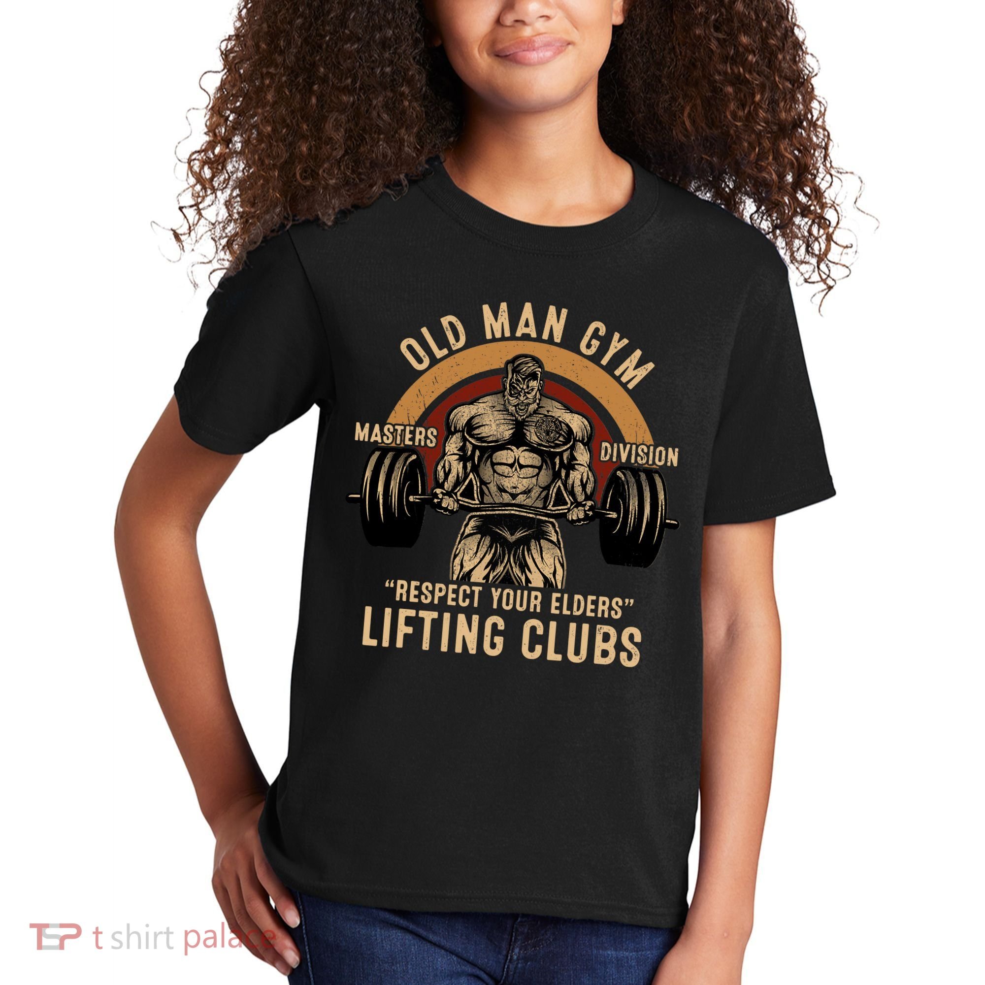 Old Man Gym Respect Your Elders Lifting Clubs Weightlifting Kids T-Shirt