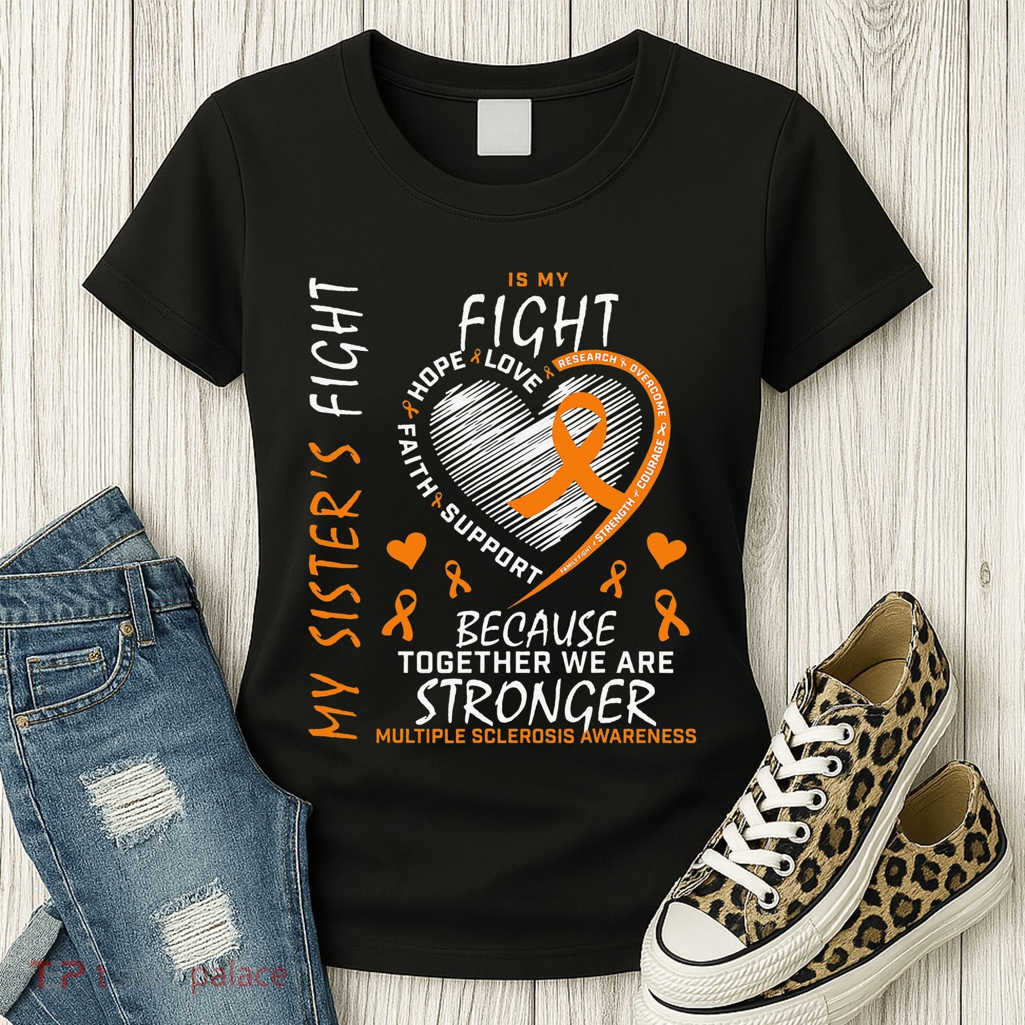 Orange MS Ribbons Heart Sister Multiple Sclerosis Awareness Women's T-Shirt