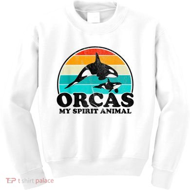 Orcas My Spirit Animal Orca Whale Retro Sunset Sea Kids Sweatshirt