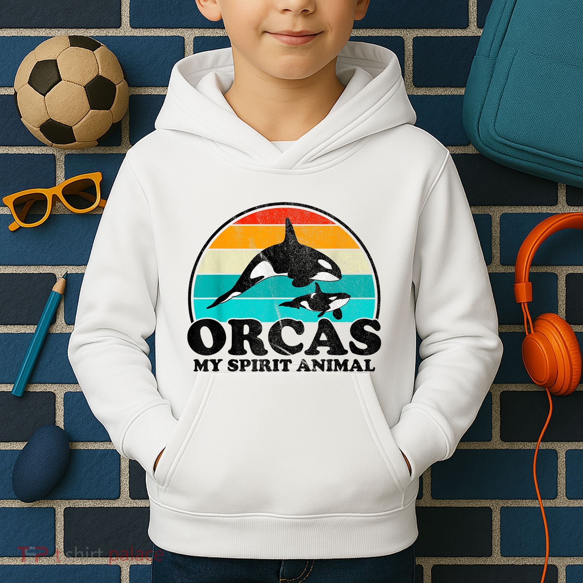 Orcas My Spirit Animal Orca Whale Retro Sunset Sea Kids Hoodie