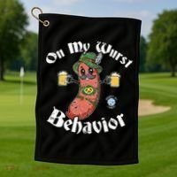 On My Wurst Behavior Funny Bratwurst Oktoberfest Golf Towel thumb 1