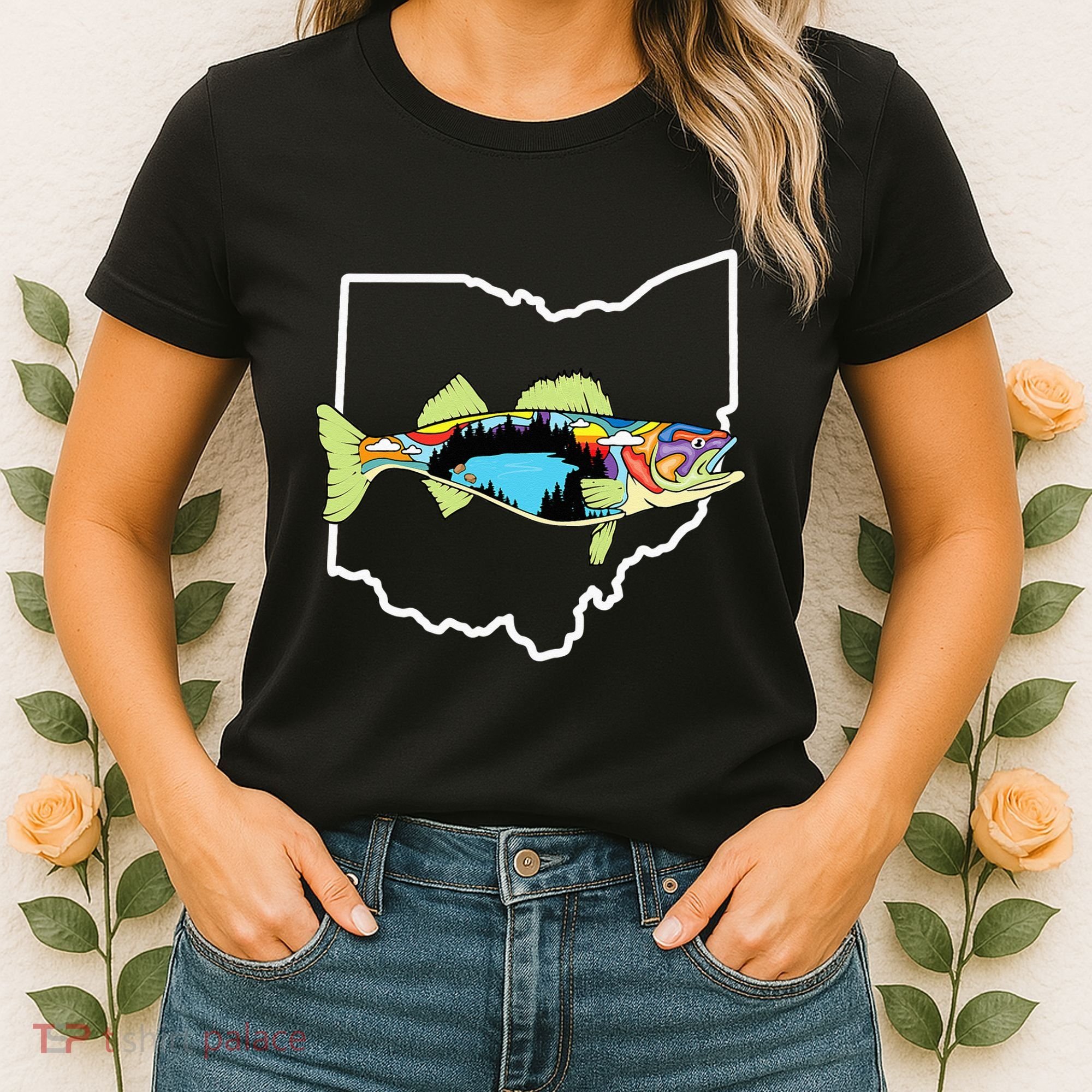 Ohio Map Walleye Fishing Freshwater Fisherman Walleye Fish Women's T-Shirt