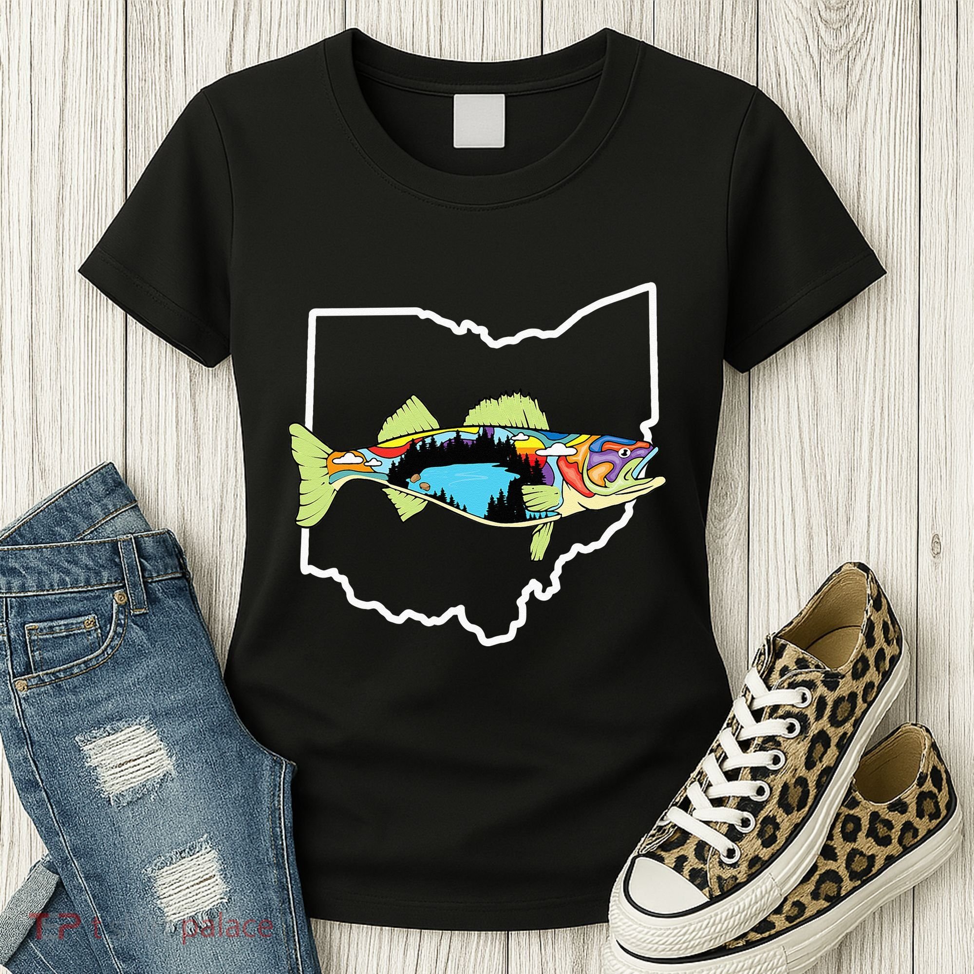 Ohio Map Walleye Fishing Freshwater Fisherman Walleye Fish Women's T-Shirt