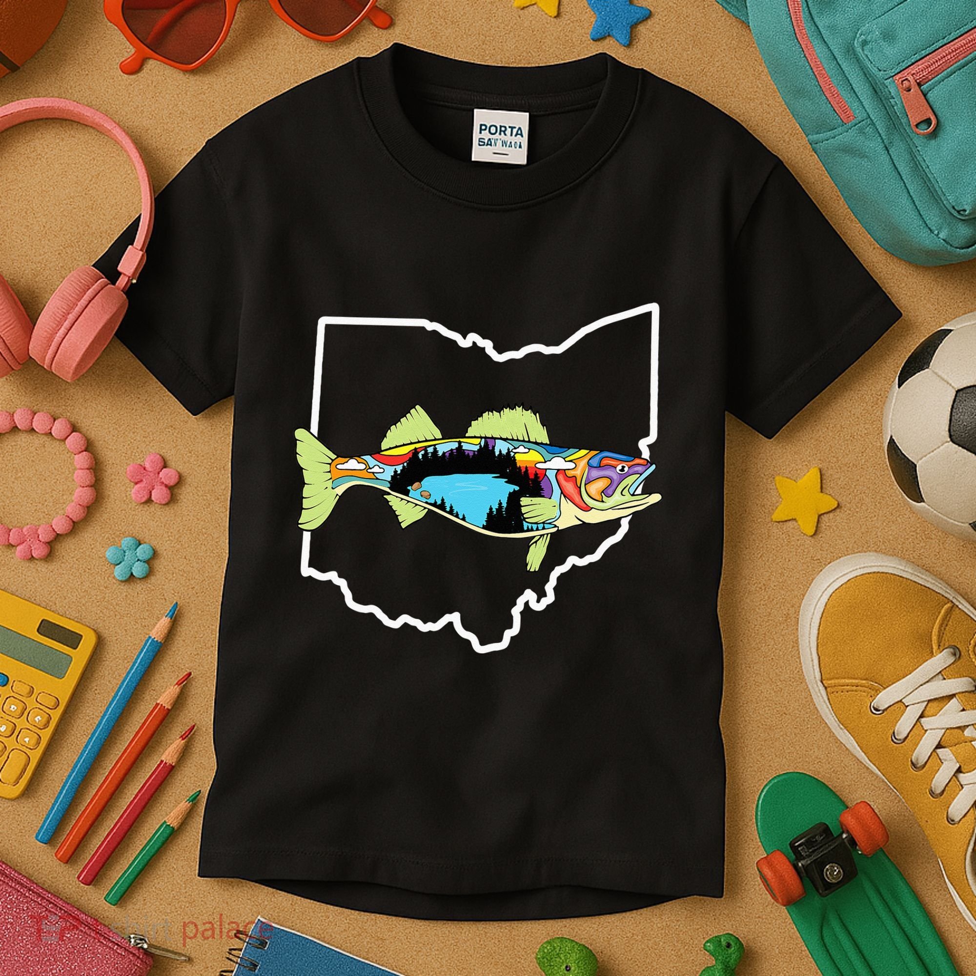 Ohio Map Walleye Fishing Freshwater Fisherman Walleye Fish Kids T-Shirt