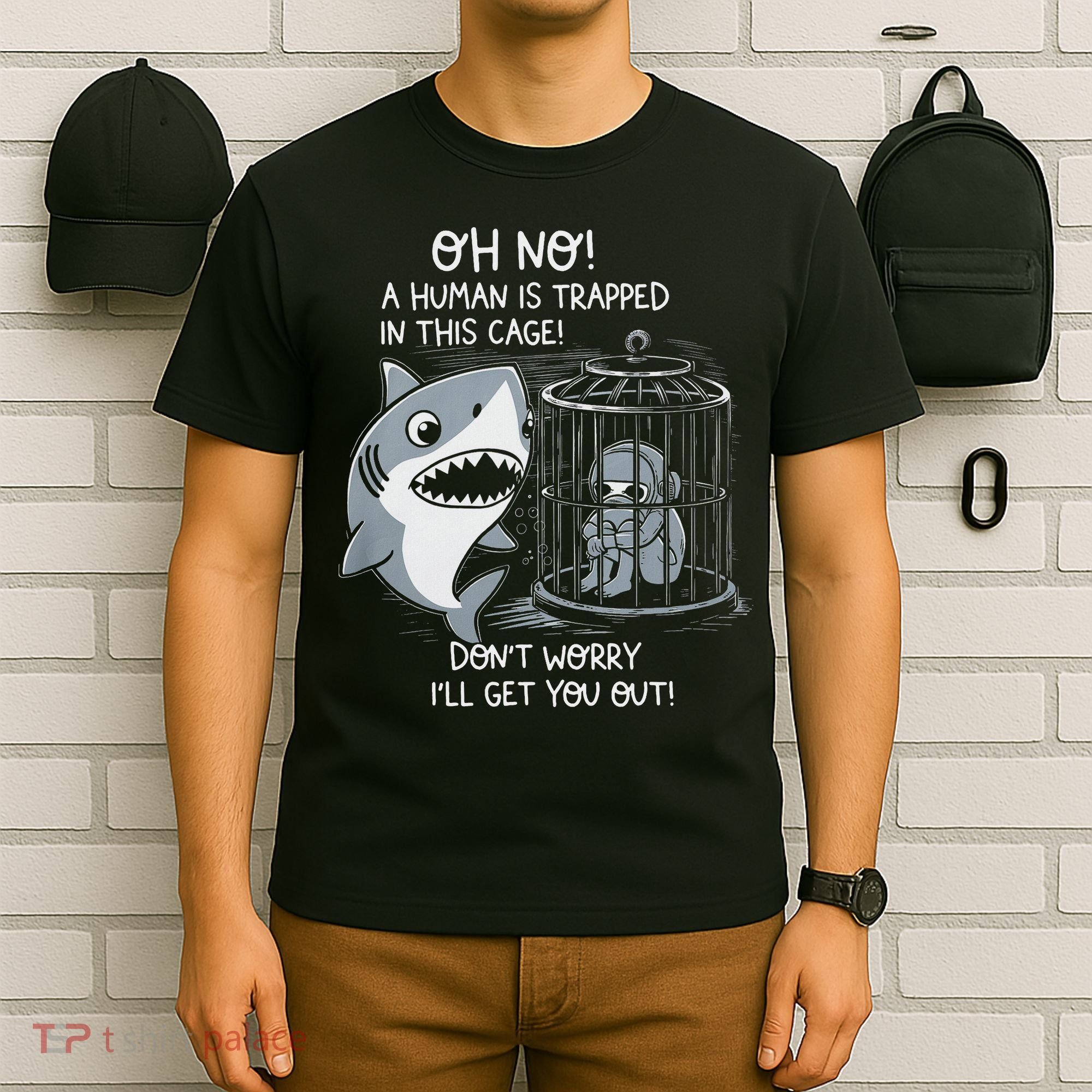 Oh No! A Human In A Cage Great White Shark Ocean Biologists T-Shirt
