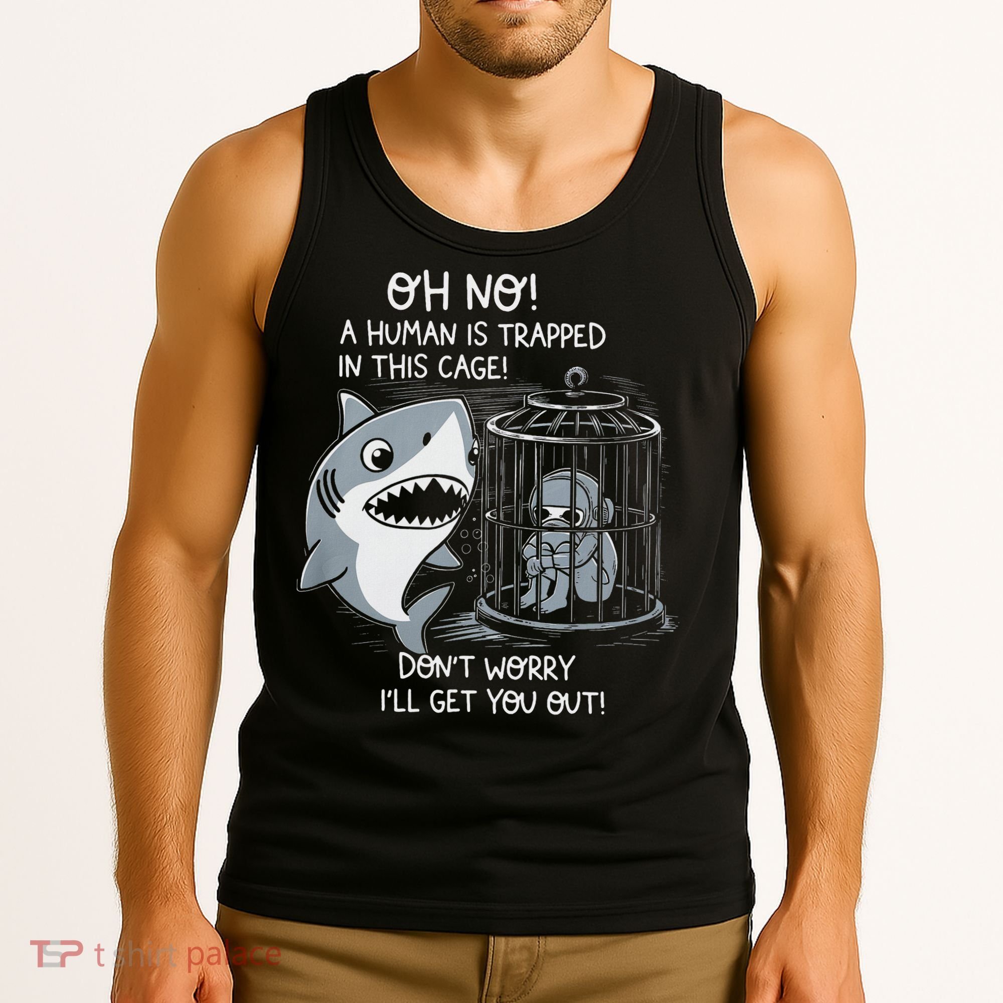 Oh No! A Human In A Cage Great White Shark Ocean Biologists Tank Top