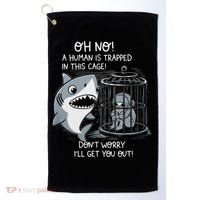 Oh No! A Human In A Cage Great White Shark Ocean Biologists Golf Towel thumb 0