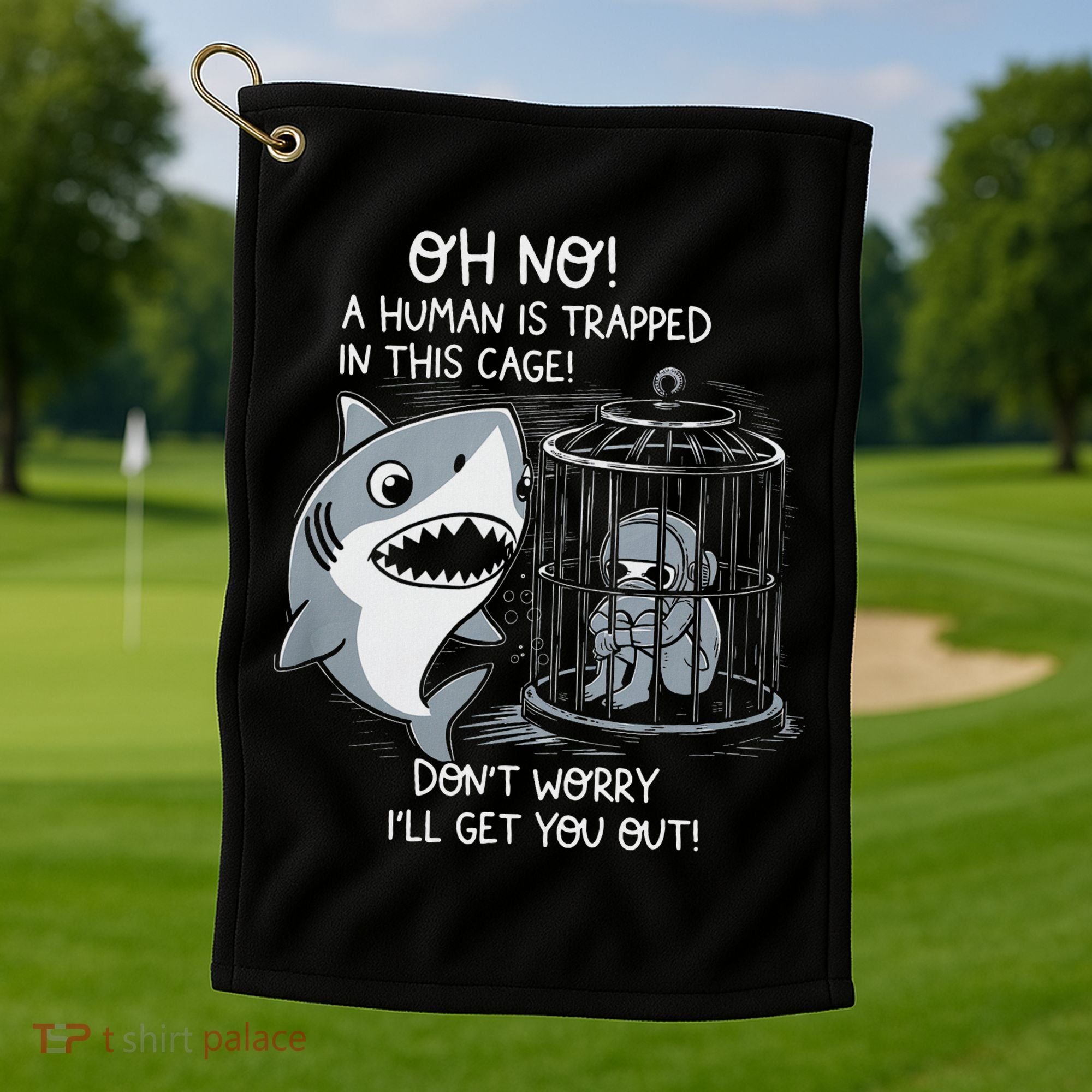 Oh No! A Human In A Cage Great White Shark Ocean Biologists Golf Towel