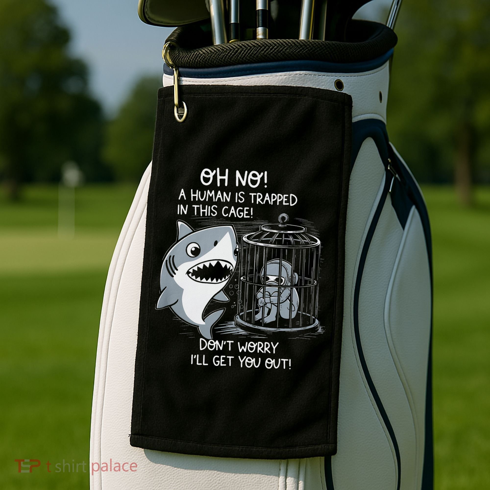 Oh No! A Human In A Cage Great White Shark Ocean Biologists Golf Towel