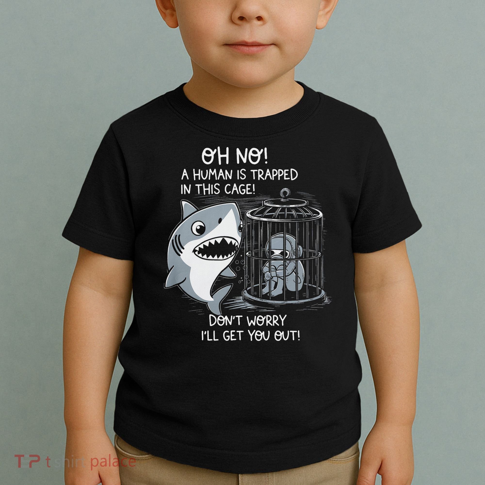 Oh No! A Human In A Cage Great White Shark Ocean Biologists Toddler T-Shirt