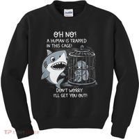 Oh No! A Human In A Cage Great White Shark Ocean Biologists Kids Sweatshirt thumb 0