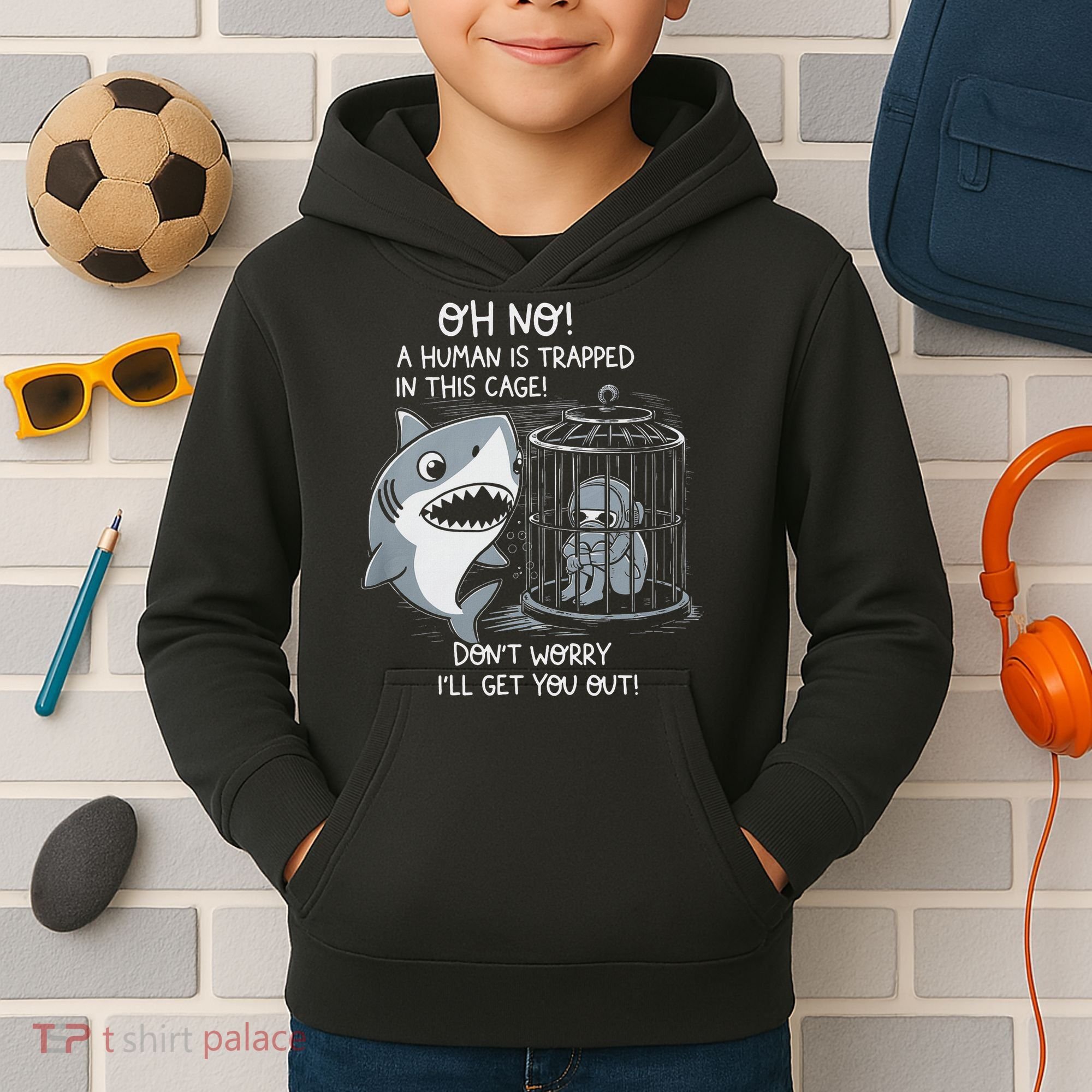 Oh No! A Human In A Cage Great White Shark Ocean Biologists Kids Hoodie