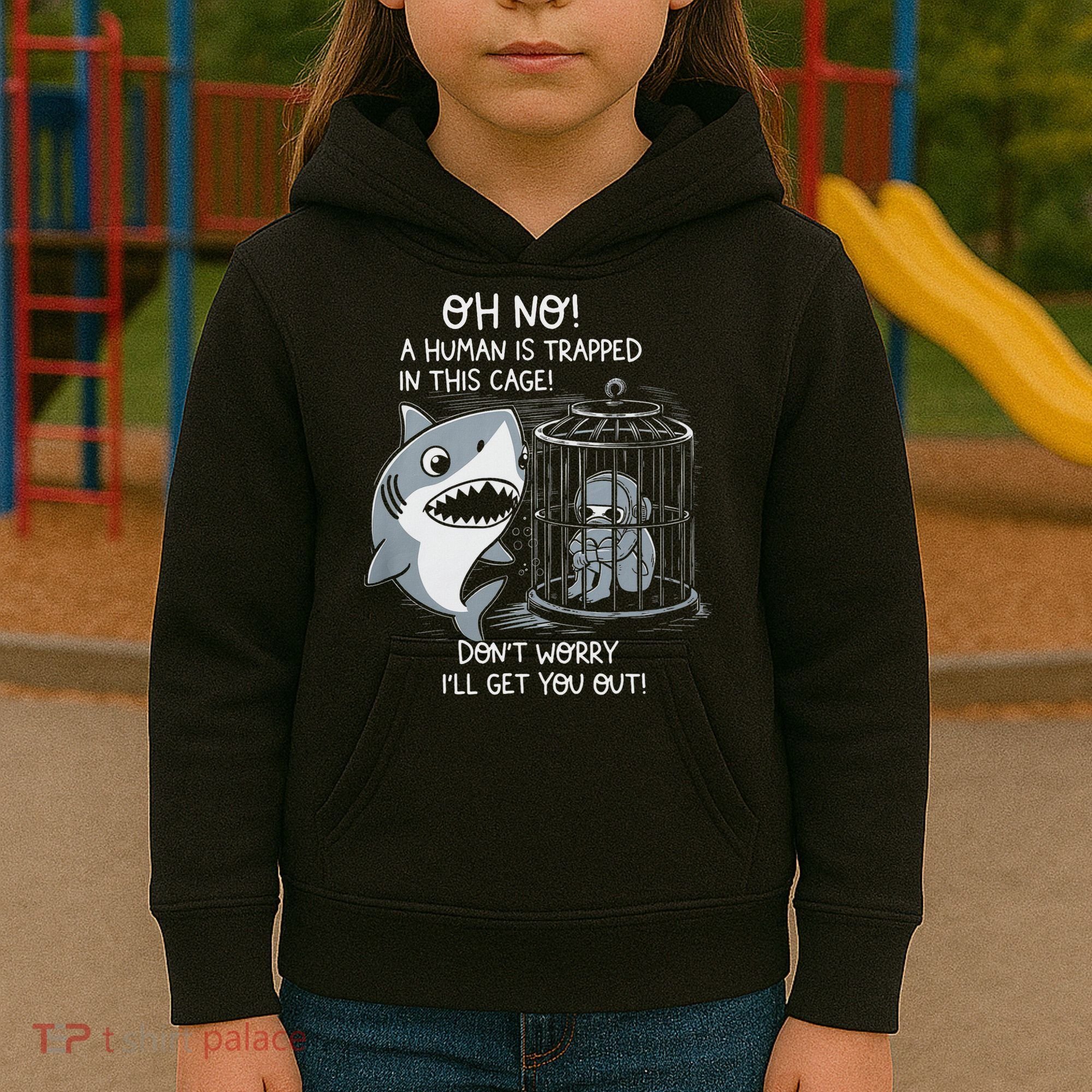Oh No! A Human In A Cage Great White Shark Ocean Biologists Kids Hoodie