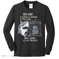 Oh No! A Human In A Cage Great White Shark Ocean Biologists Kids Long Sleeve Shirt thumb 0