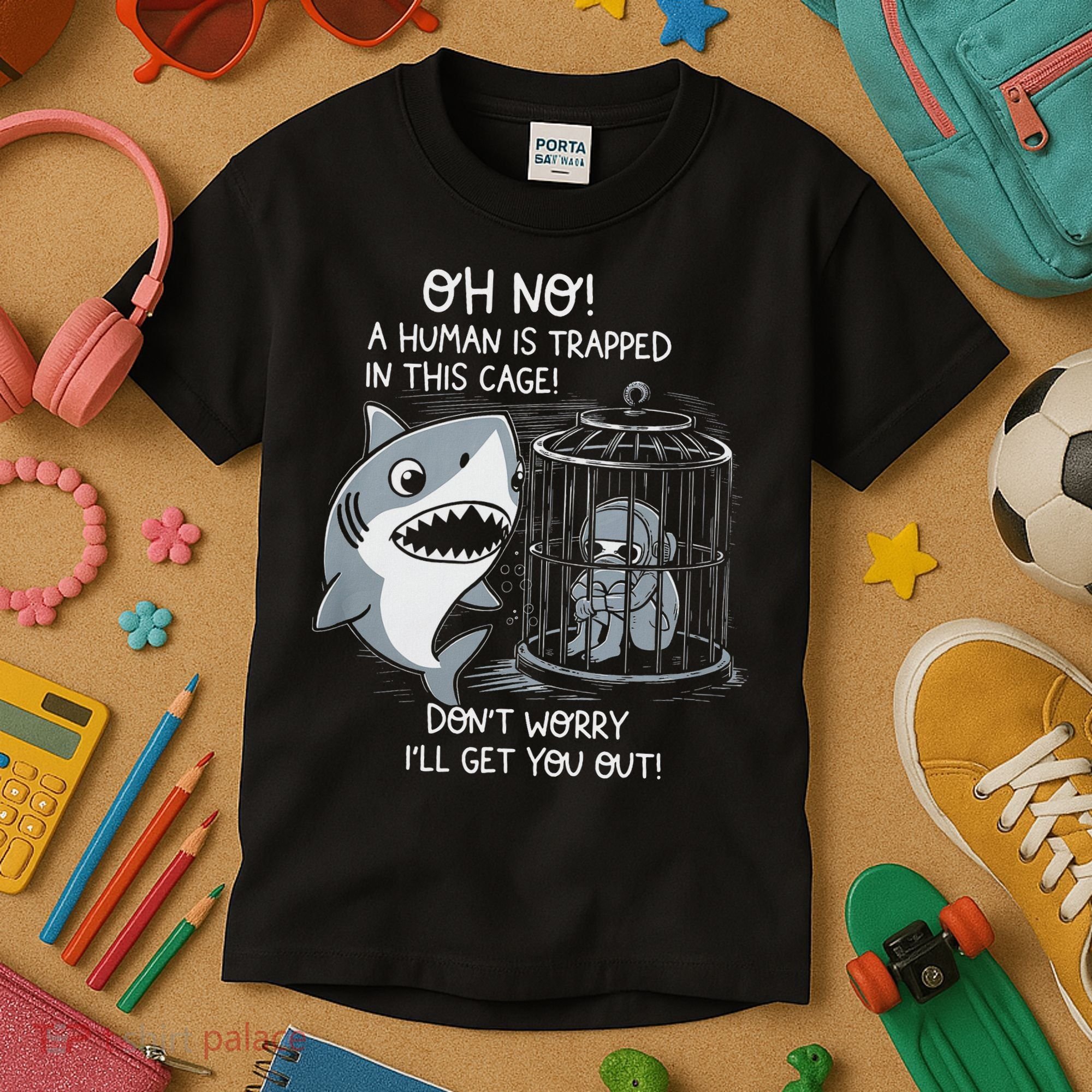 Oh No! A Human In A Cage Great White Shark Ocean Biologists Kids T-Shirt