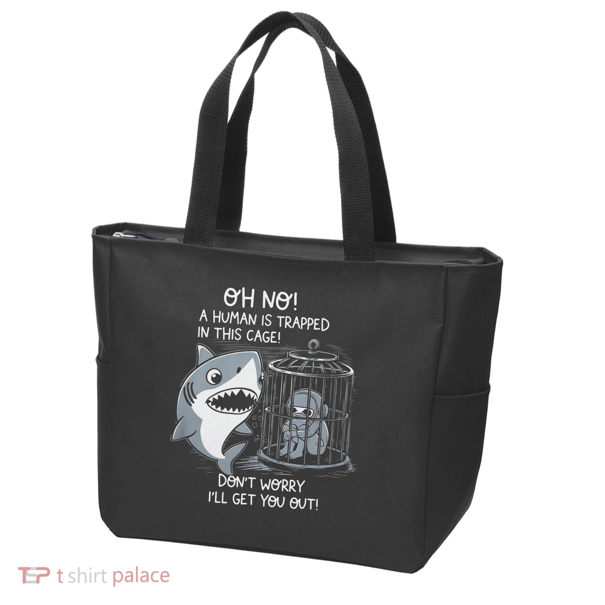 Oh No! A Human In A Cage Great White Shark Ocean Biologists Tote Bag