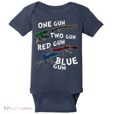 One Gun Two Gun Red Gun Blue Gun Funny Weapons Baby Bodysuit