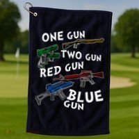 One Gun Two Gun Red Gun Blue Gun Funny Weapons Golf Towel thumb 1
