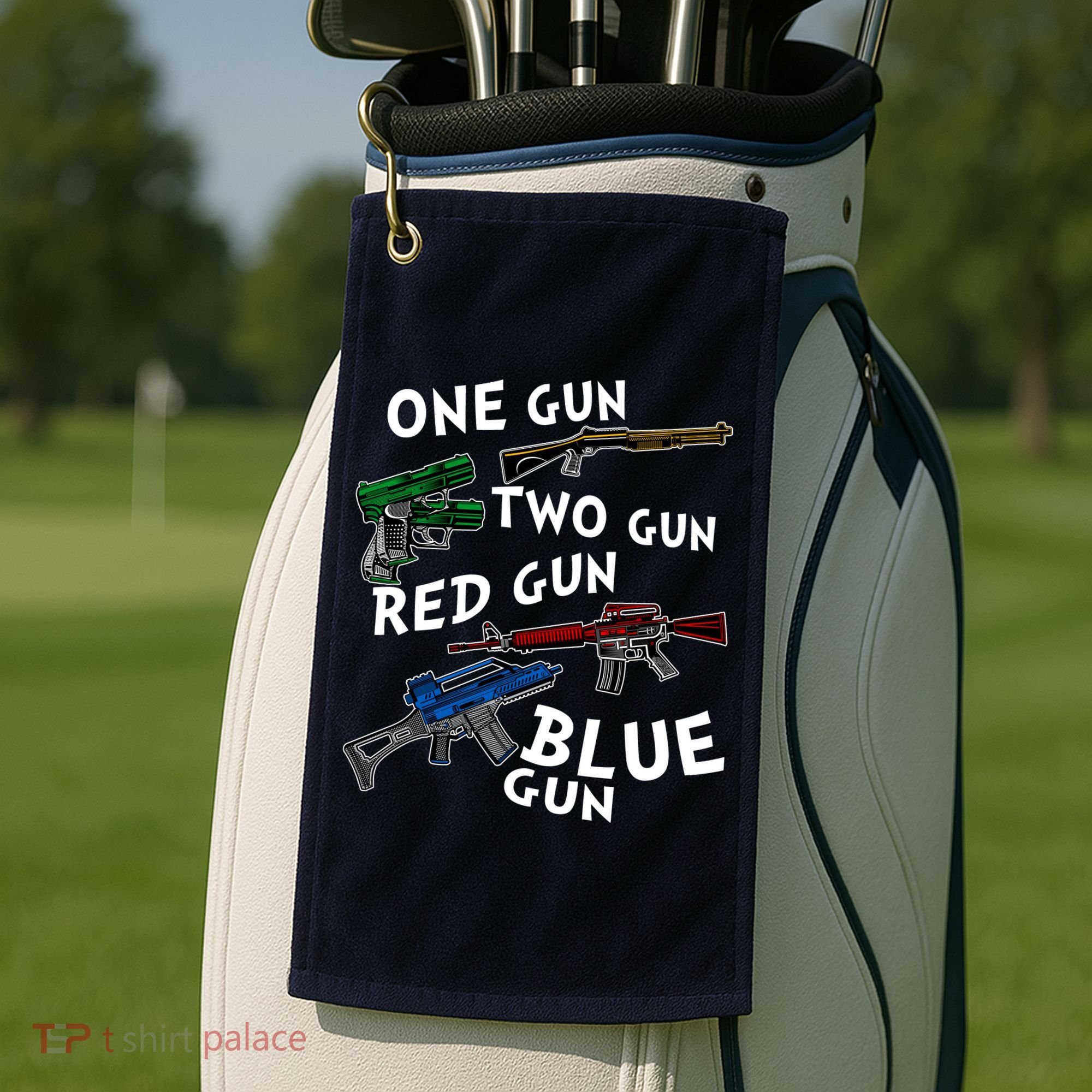 One Gun Two Gun Red Gun Blue Gun Funny Weapons Golf Towel