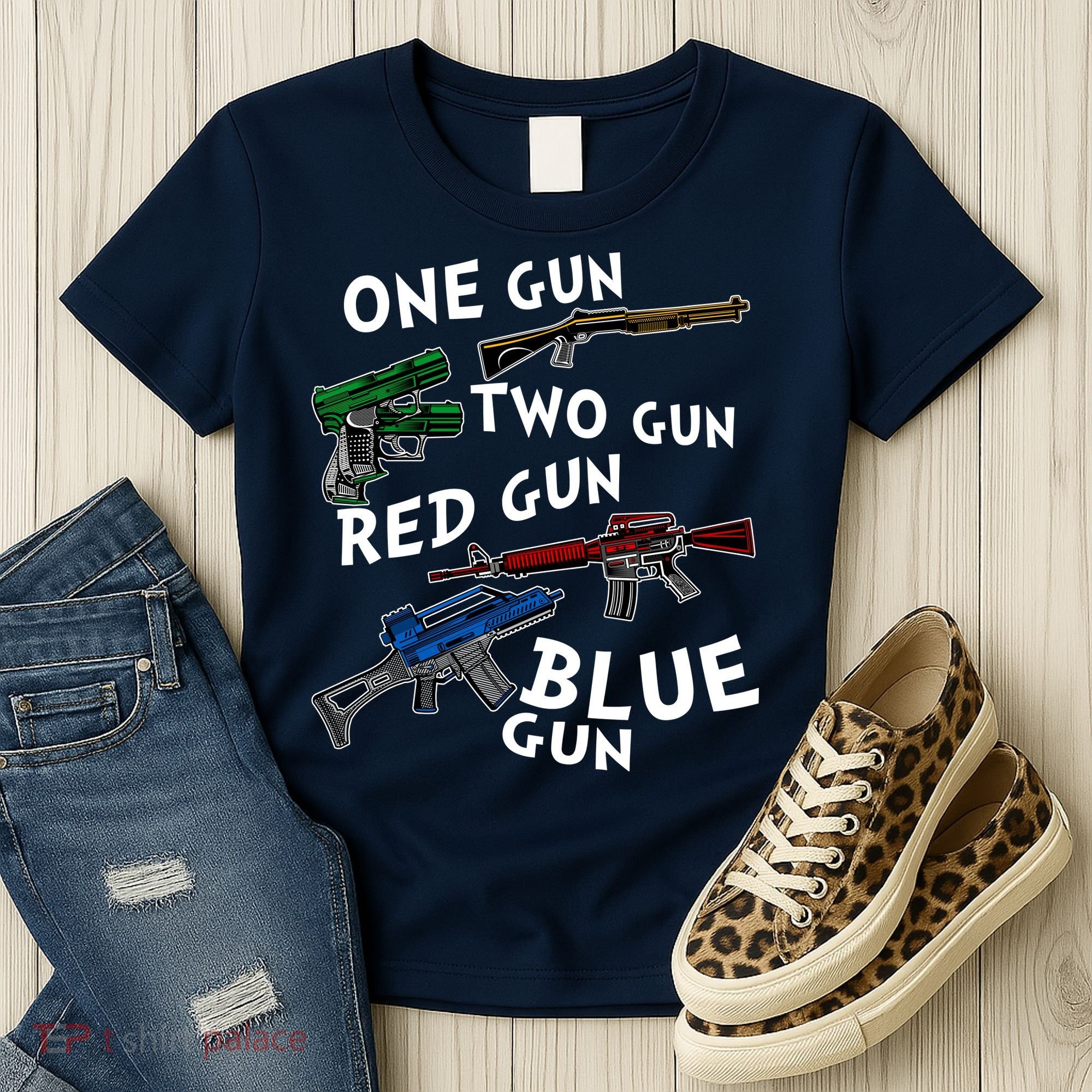 One Gun Two Gun Red Gun Blue Gun Funny Weapons Women's T-Shirt