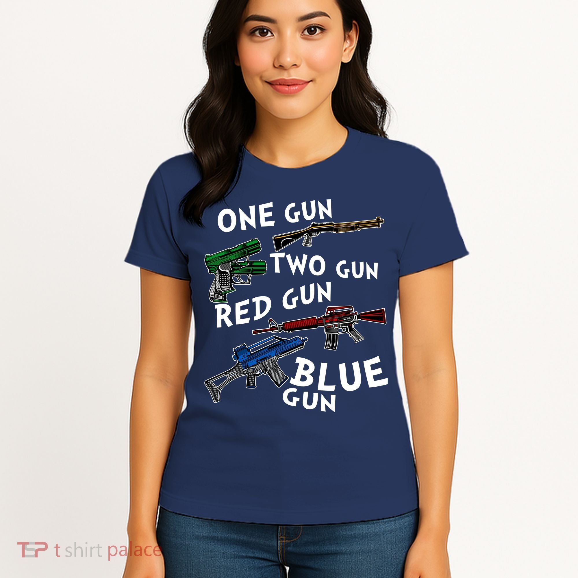 One Gun Two Gun Red Gun Blue Gun Funny Weapons Women's T-Shirt